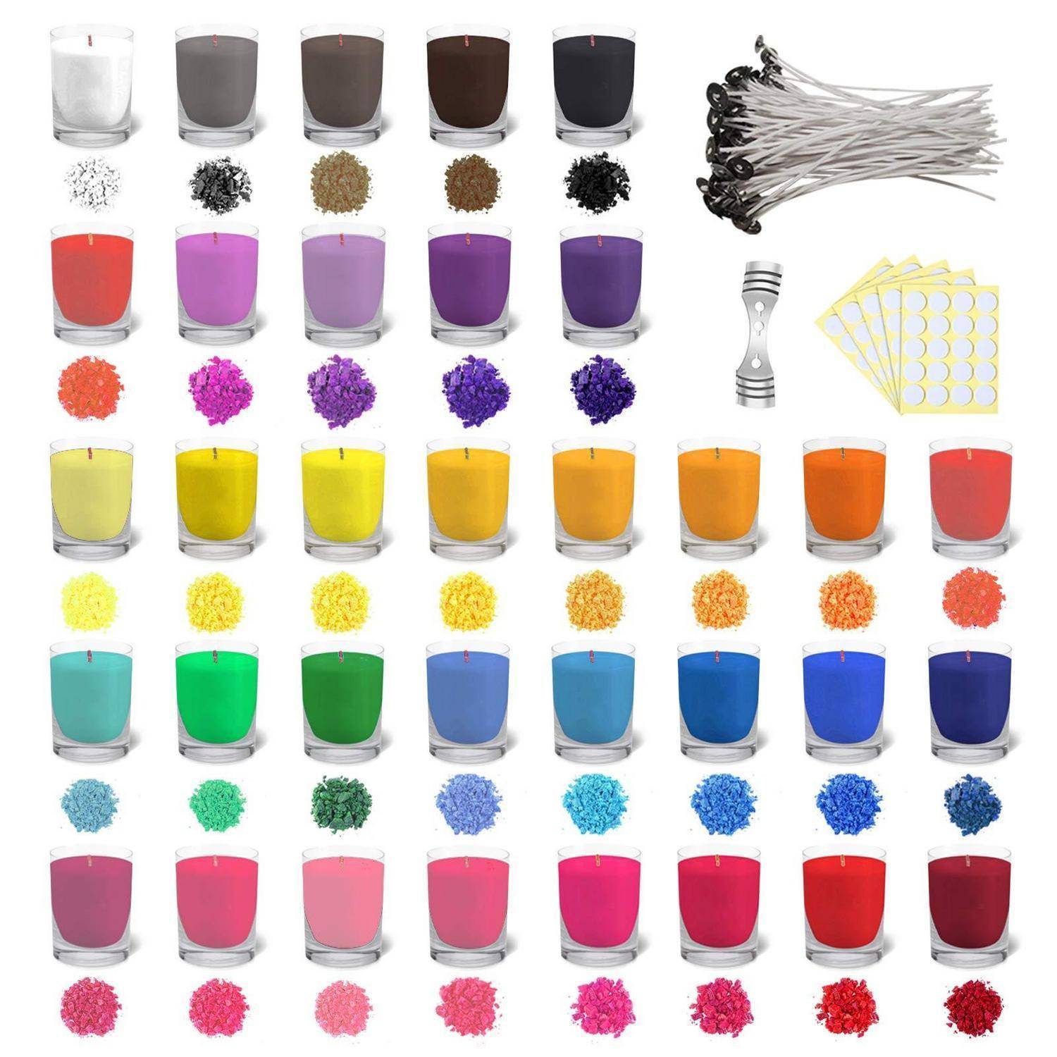 Farbmusterblatt mit vielen Glasflakons gefüllt mit flüssiger Farbe/Pigment in Weiß, Grau, Rot, Violett, Gelb, Grün, Blau und Rosa Tönen, mit Mischwerkzeugen und Farbmustern in der Ecke.
