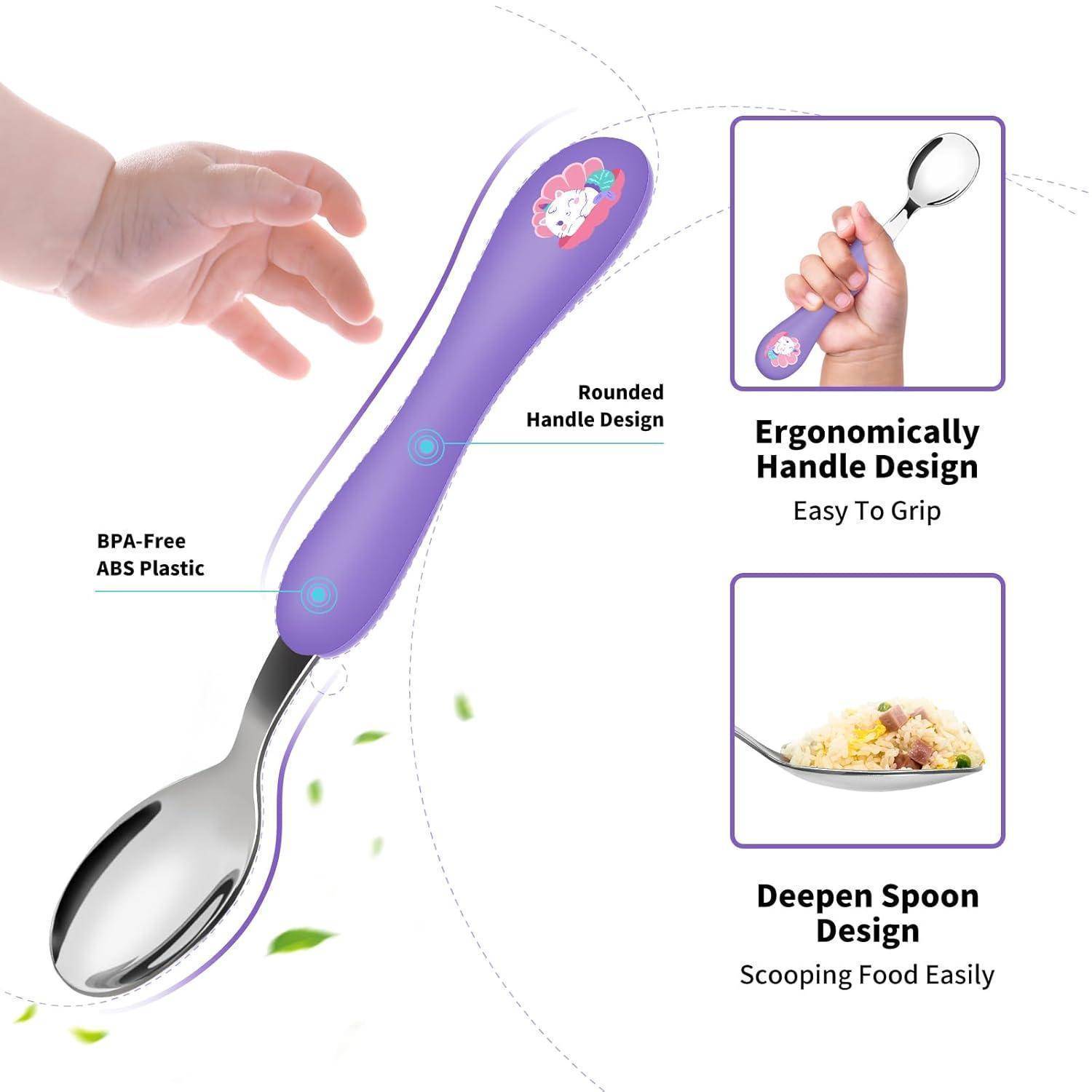 Lila ergonomischer Löffel für Kinder mit abgerundetem Griff, BPA-freier ABS-Kunststoff und tiefem Löffelbecken; Beschriftungen zeigen einfache Griffigkeit und einfaches Schöpfen.