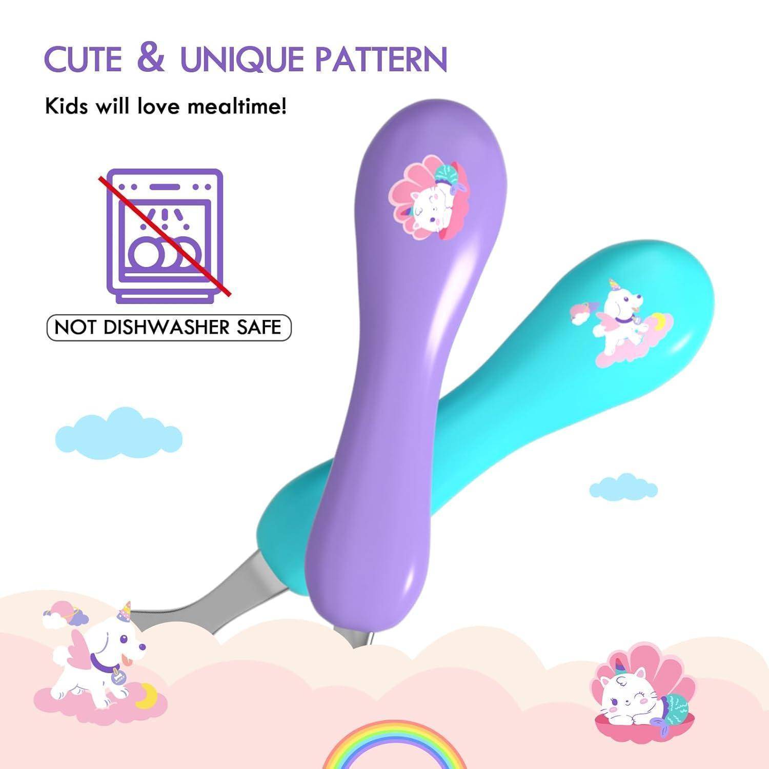 Bunte Kinderlöffel mit Einhorndesigns, gekennzeichnet mit „NICHT SPÜLMASCHINENFEST