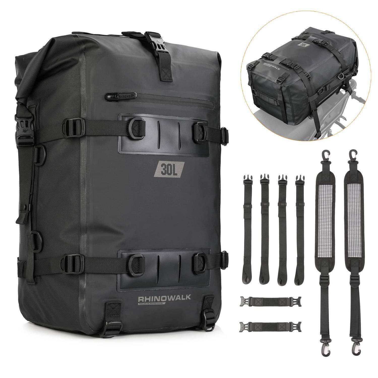 Schwarzer 30L RHINOWALK wasserdichter Roll-Top-Rucksack mit mehreren Schnallen und Riemen, gezeigt mit mitgelieferten abnehmbaren Zubehörriemen und Netz-Seitentaschen.