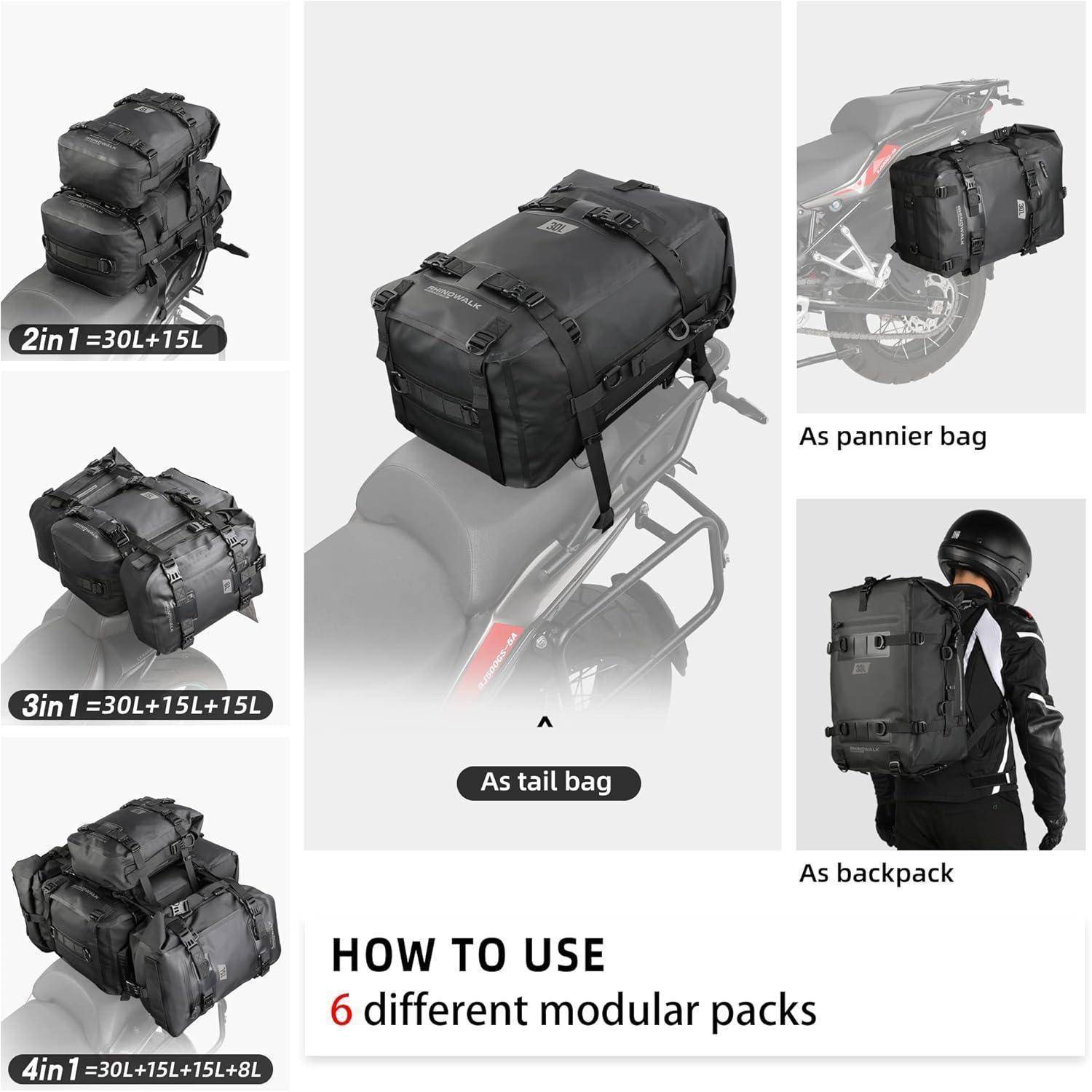 Rhinowalk Motorrad Sitztasche 8/15/30L Wasserdicht Motorradtasche Satteltaschen Gepäckträgertaschen Hecktasche Hinterradtasche Motorradgepäck Tasch