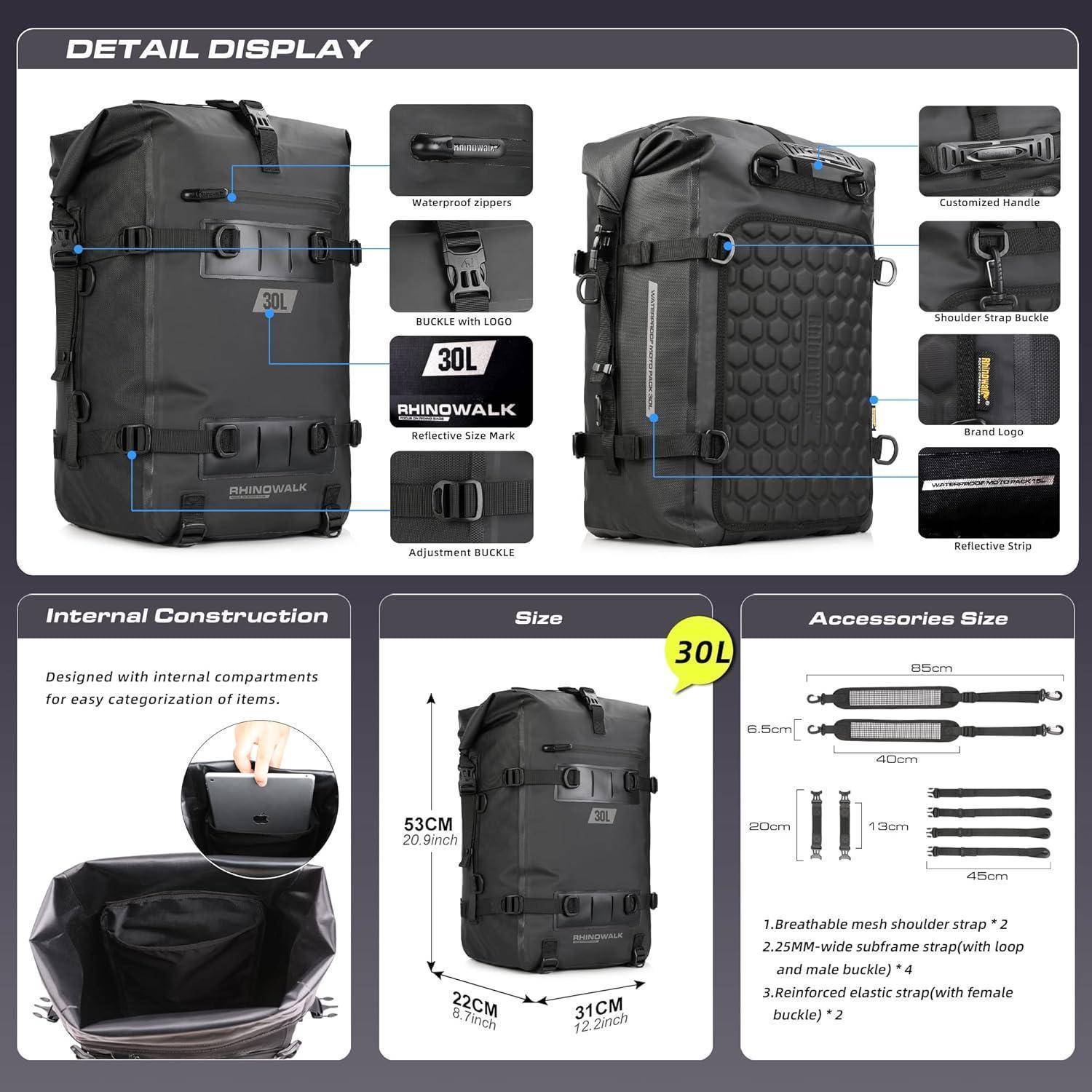 Rhinowalk Motorrad Sitztasche 8/15/30L Wasserdicht Motorradtasche Satteltaschen Gepäckträgertaschen Hecktasche Hinterradtasche Motorradgepäck Tasch