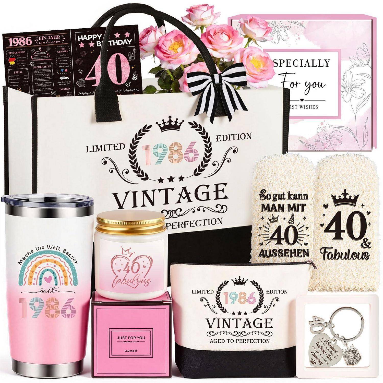 Geschenkkorb mit rosa-schwarzen 40. Geburtstagartikeln: Einkaufstasche „1986 Vintage
