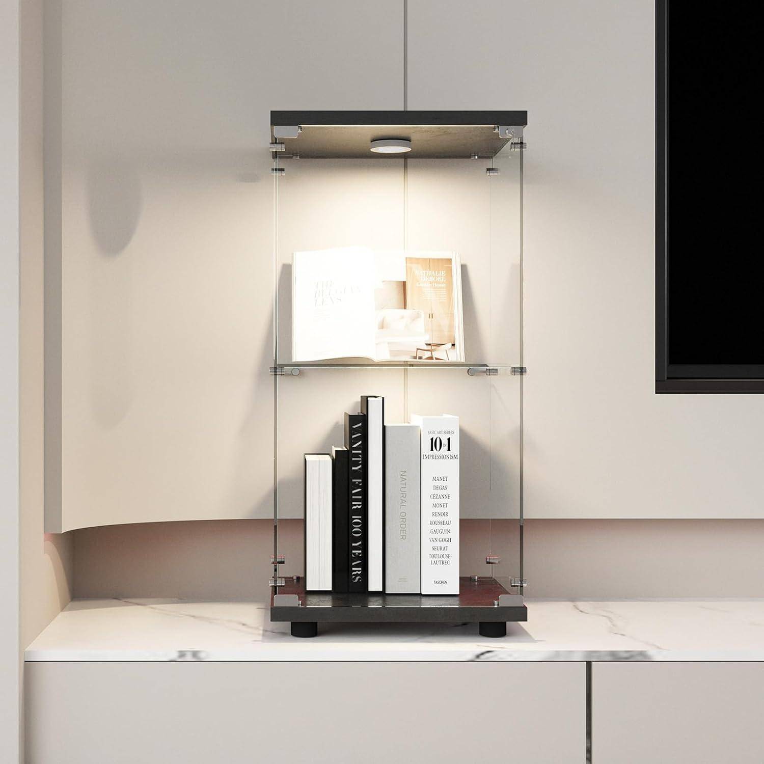 Vitrine aus Glas mit LED, Schrank Vitrine für Sammlung, 1 Türen mit Schloss, 2 verstellbare Einlegeböden, 86 x 42 x 36 cm, Schwarz Schwarz - A. 2