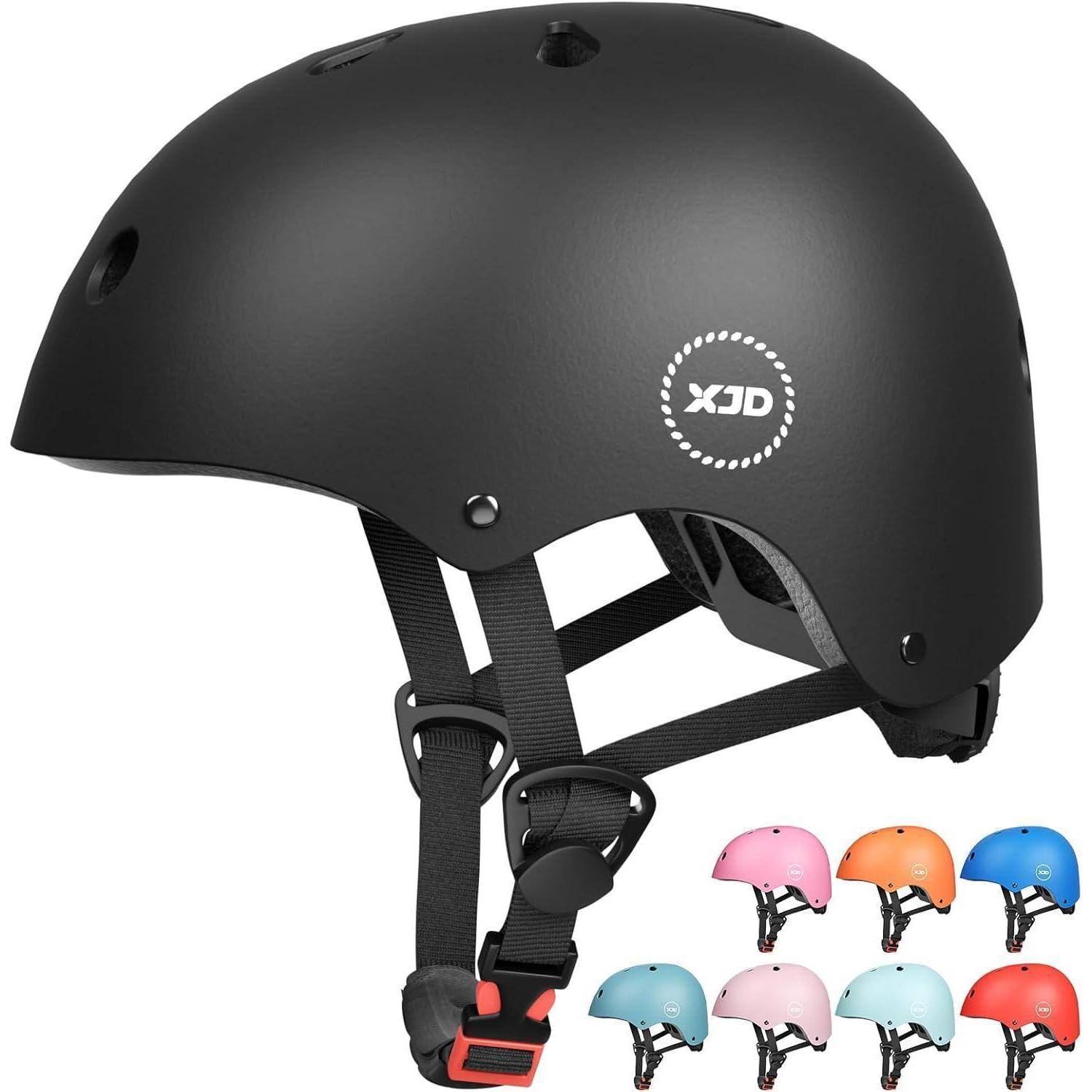 Schwarzer XJD-Skate-Helm mit verstellbaren Kinnriemen, gezeigt mit kleinen Thumbnails anderer verfügbarer Farben: Pink, Orange, Blau, Türkis, Hellrosa, Hellblau und Rot.