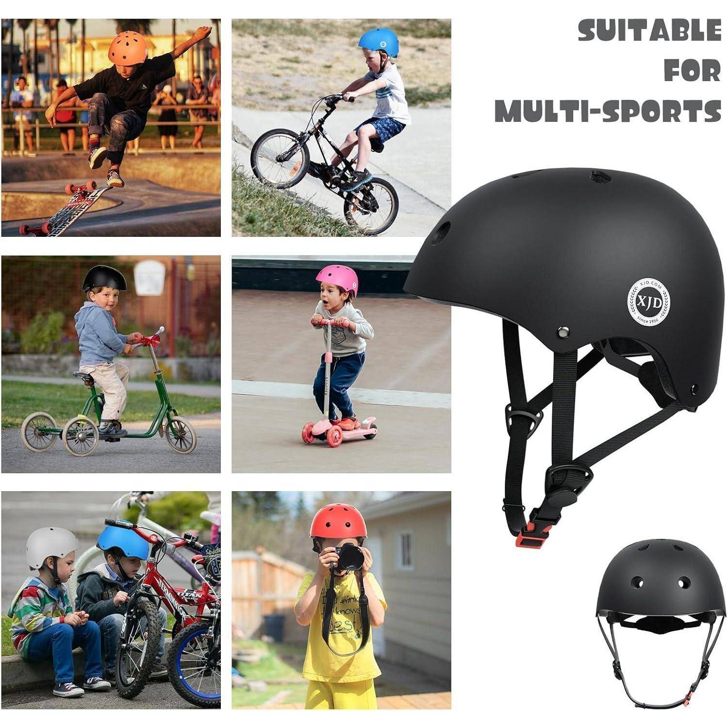 Multi-Sport-Helm in Schwarz, gezeigt mit Kindern, die Skateboards, Fahrräder, Roller und ein Dreirad fahren; Text liest „GEEIGNET FÜR MEHRERE SPORTARTEN