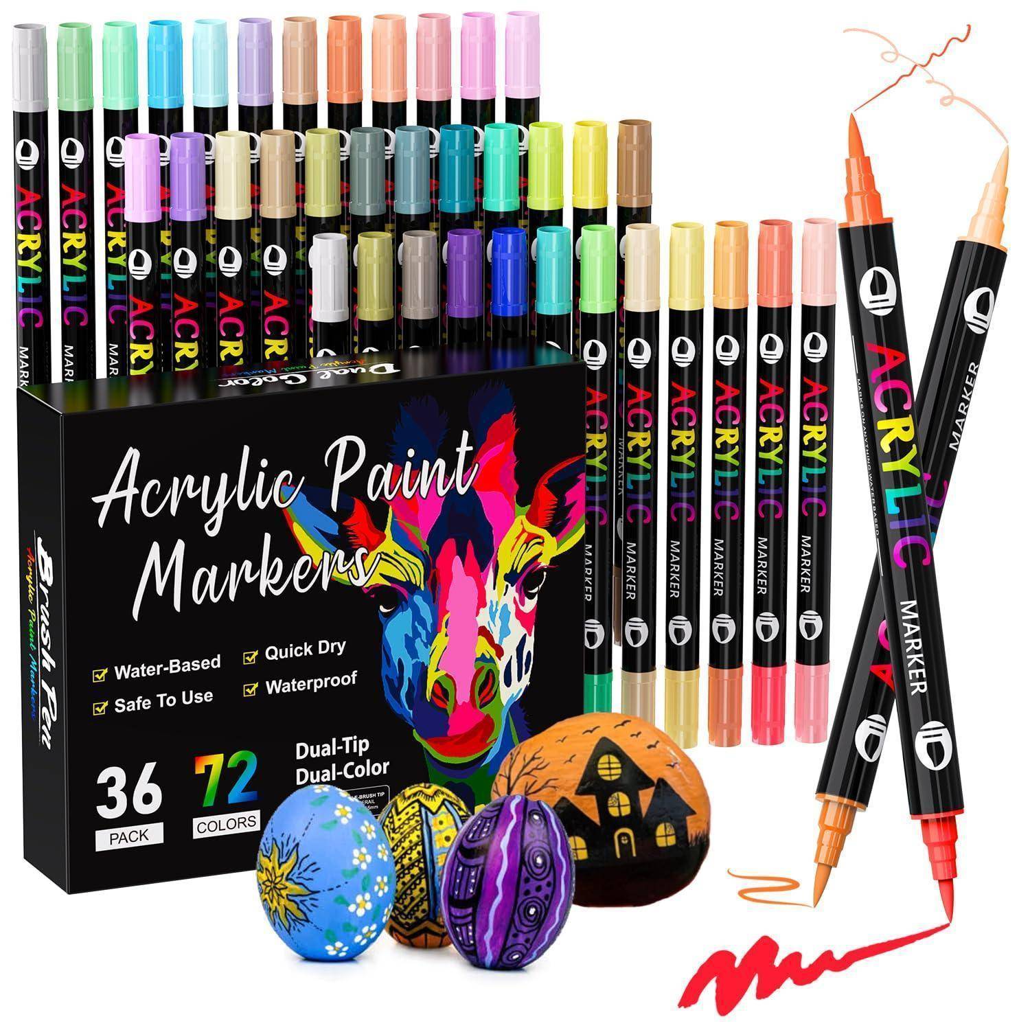 Acrylstifte für Steine Wasserfest, 72 Farben/36 Stifte Dual Tip Acrylfarben Stifte Steine Bemalen Set Acrylstifte fürSteine Holz Glas Leinwand Papie