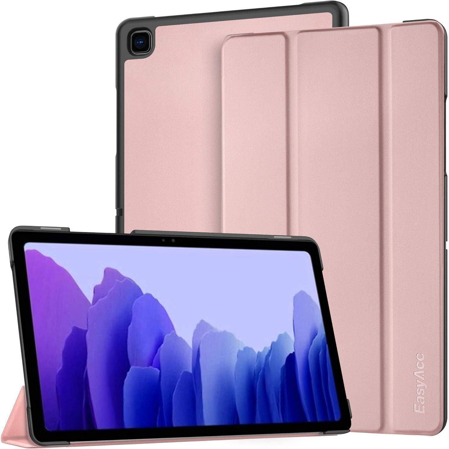 Rosa zusammenklappbares Tablet-Etui, das ein im Querformat geöffnetes Tablet zeigt, mit Vorderbildschirm, auf dem ein lila abstraktes Hintergrundbild angezeigt wird, und rückwärtiger Abdeckung, die dahinter zusammengeklappt ist.
