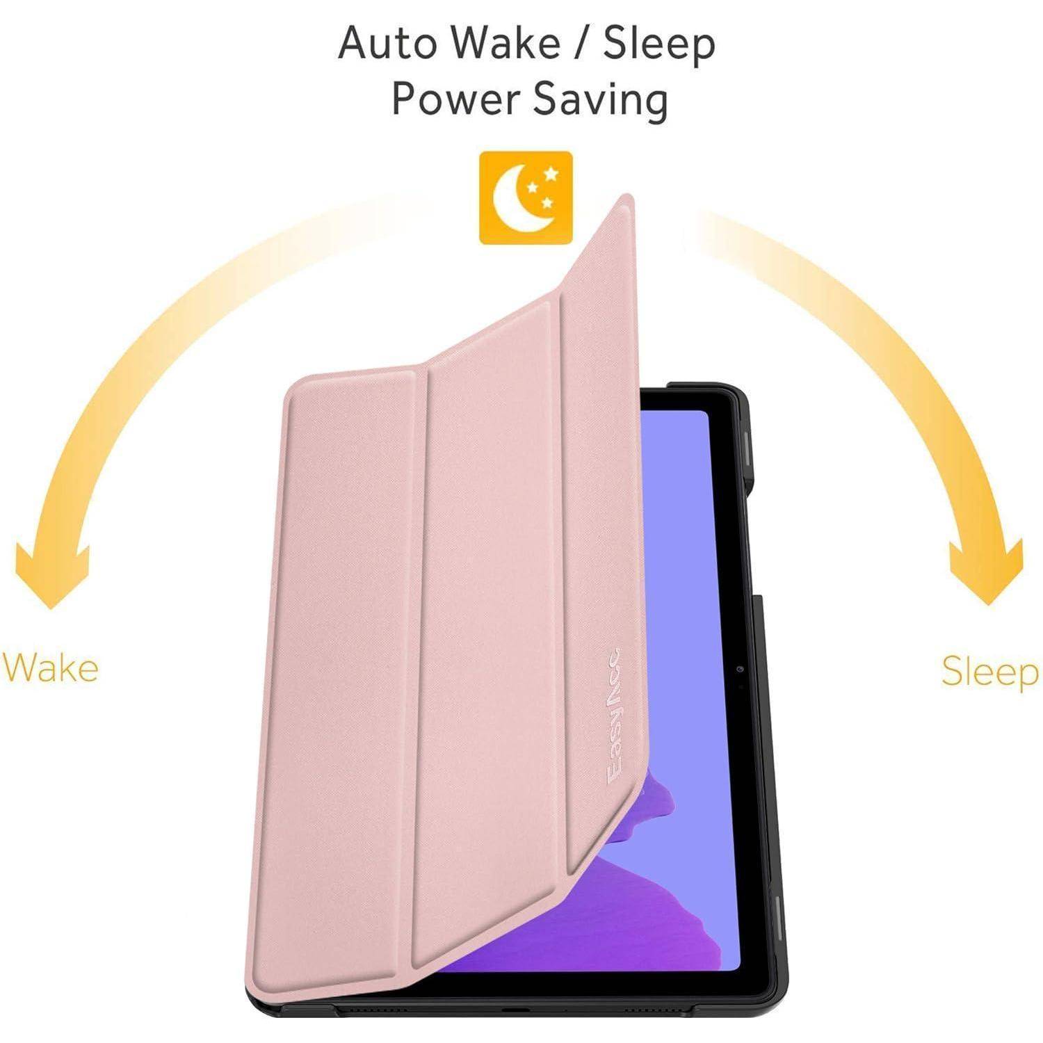 Rosafarbenes Tablet-Folio-Case, das die automatische Wake/Sleep-Energiesparpfunktion demonstriert, mit Pfeilen, die zeigen, dass die Abdeckung den Bildschirm beim Öffnen aufweckt und ihn beim Schließen in den Schlafmodus versetzt.