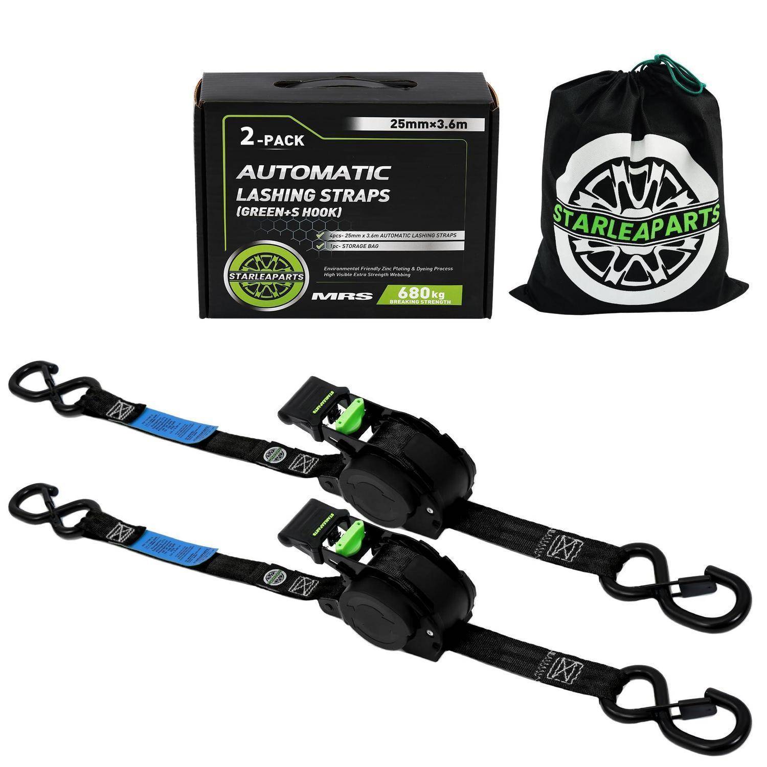 Zweierset automatische Spanngurte mit Haken, gezeigt mit Lagertasche mit Branding und Verpackung mit Bezeichnung 25mm x 3,6m und 680kg.