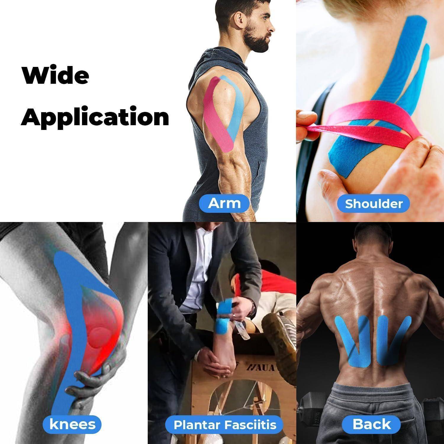 Collage mit Kinesiologie-Tape für umfangreiche Anwendung an Arm, Schulter, Knien, Plantarfasziitis und Rücken.