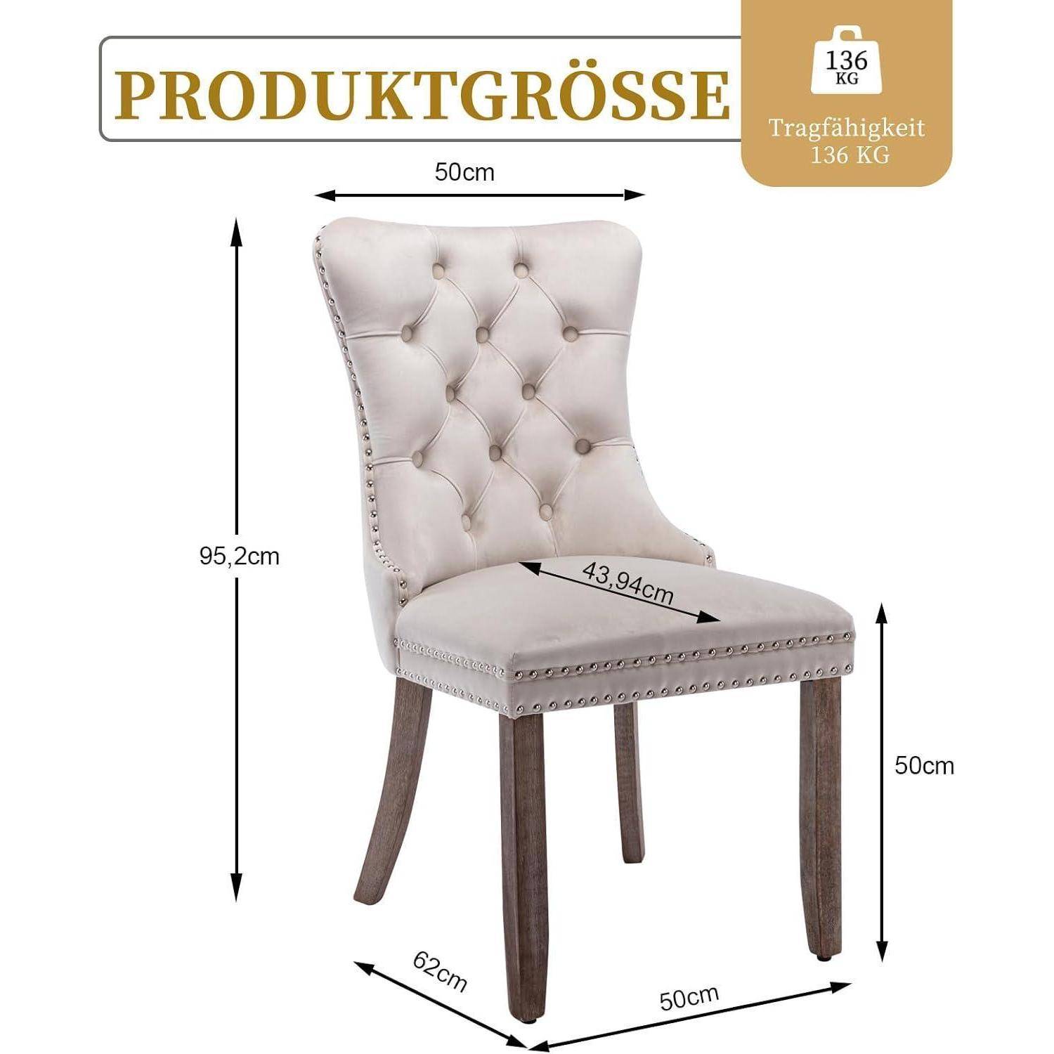 Größendiagramm für einen gepolsterten Sessel mit Knopfheftung, mit den folgenden Abmessungen: 95,2 cm hoch, 50 cm breit und tief, 43,94 cm Sitztiefen und 136 kg Tragfähigkeit.