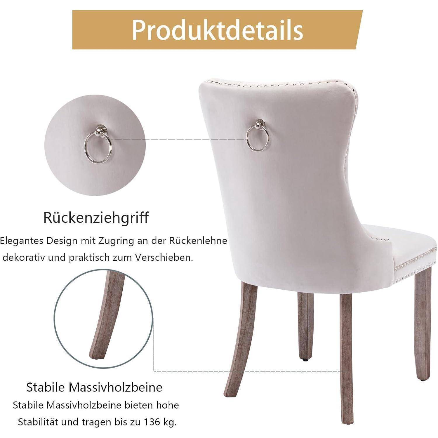 Produktdetails-Grafik eines leicht gepolsterten Stuhls mit Hervorhebung eines Zuggriffs auf der Rückseite zum Bewegen sowie stabilen Massivholzbeinen, die bis zu 136 kg tragen.