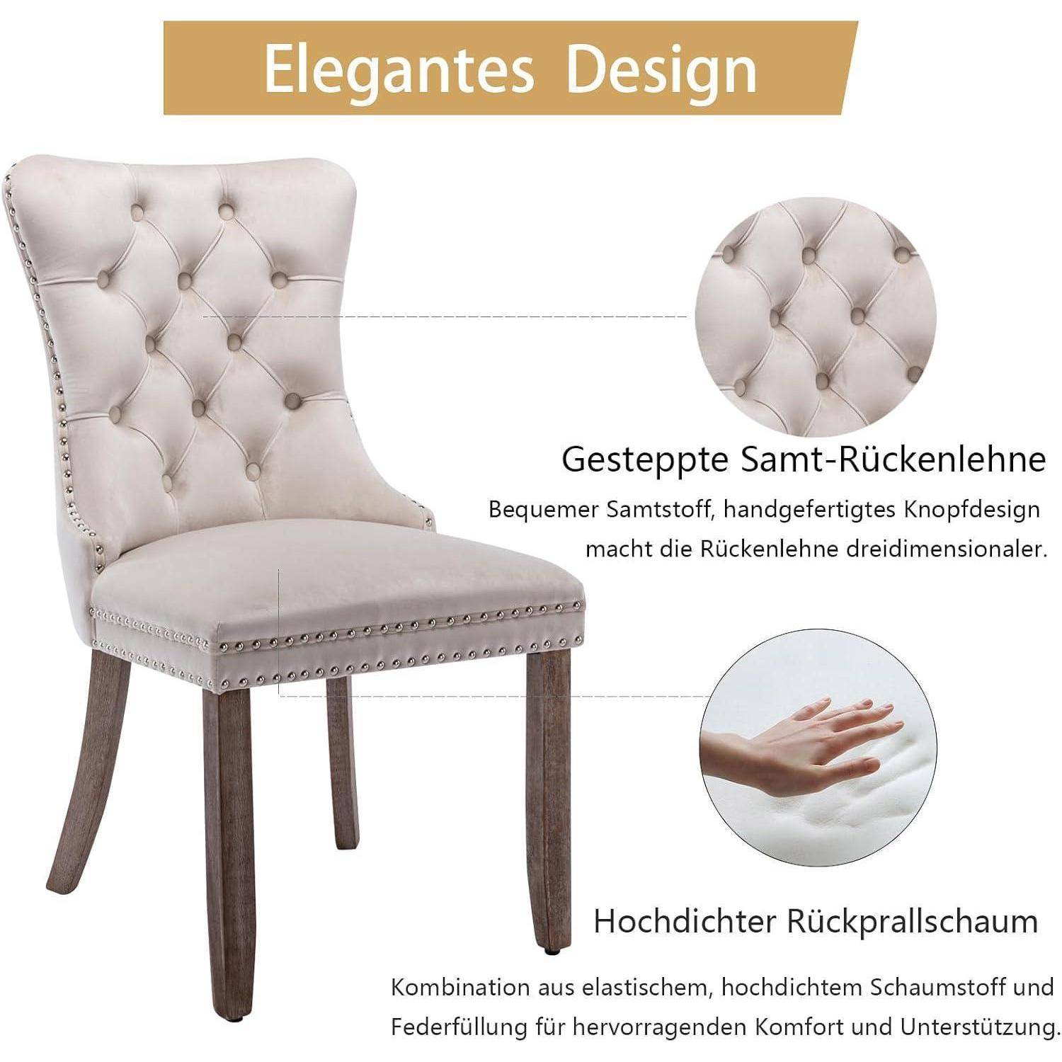 Gepolsterter Esszimmerstuhl in Beige mit getuftetem Design und dunklen Holzbeinen, gekennzeichnet als „Elegantes Design