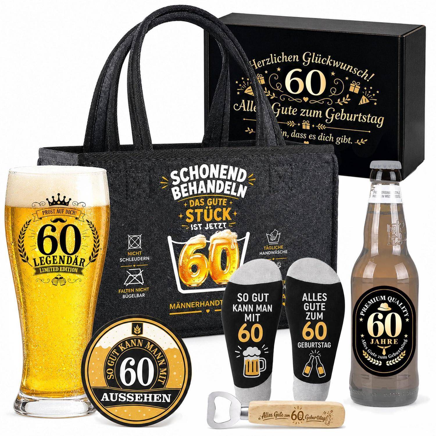 Geburtstagsgeschenkset zur 60. Feier: Bierglas, Tragetasche, Flaschenöffner, Flasche und Untersetzer mit deutschen Sprüchen zum 60. Jubiläum.