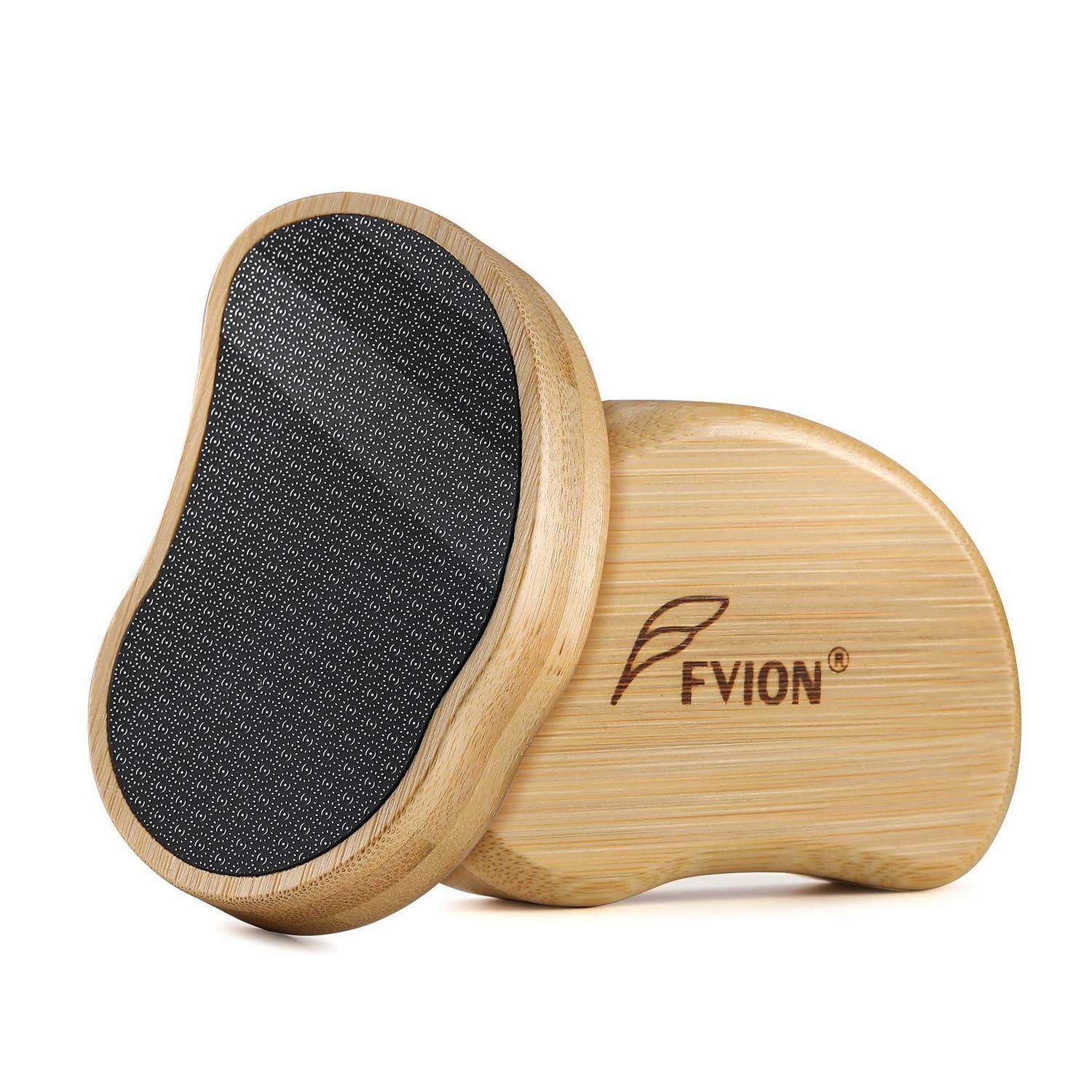 Holzfußmassager mit schwarzem strukturiertem Sohlenkissen, Marke „FVION