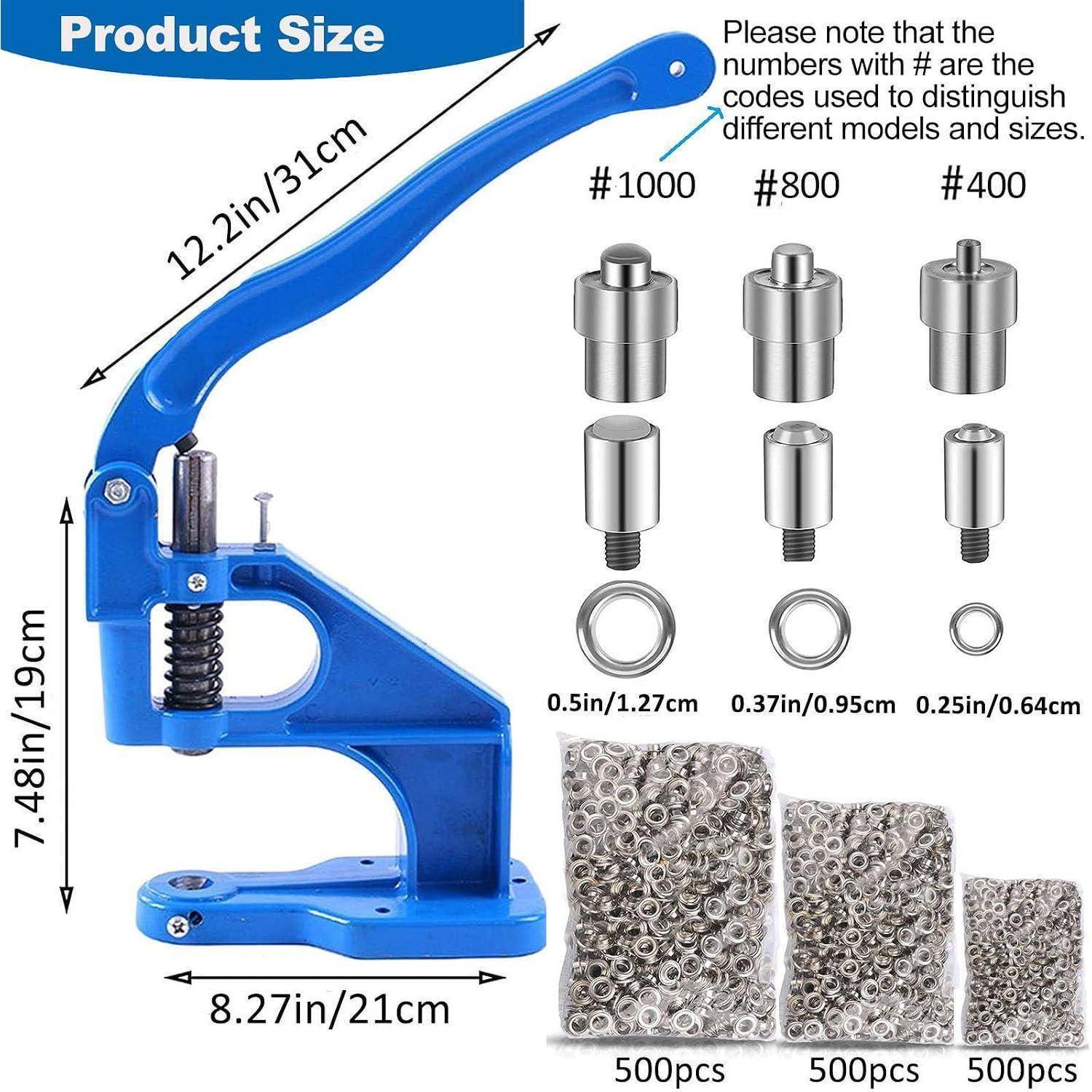 Produktgrößendiagramm einer blauen Handpressemaschine mit den Abmessungen 12,2 Zoll/31 cm x 7,48 Zoll/19 cm x 8,27 Zoll/21 cm und Stempelgrößen #1000, #800, #400 mit 500er-Ringen