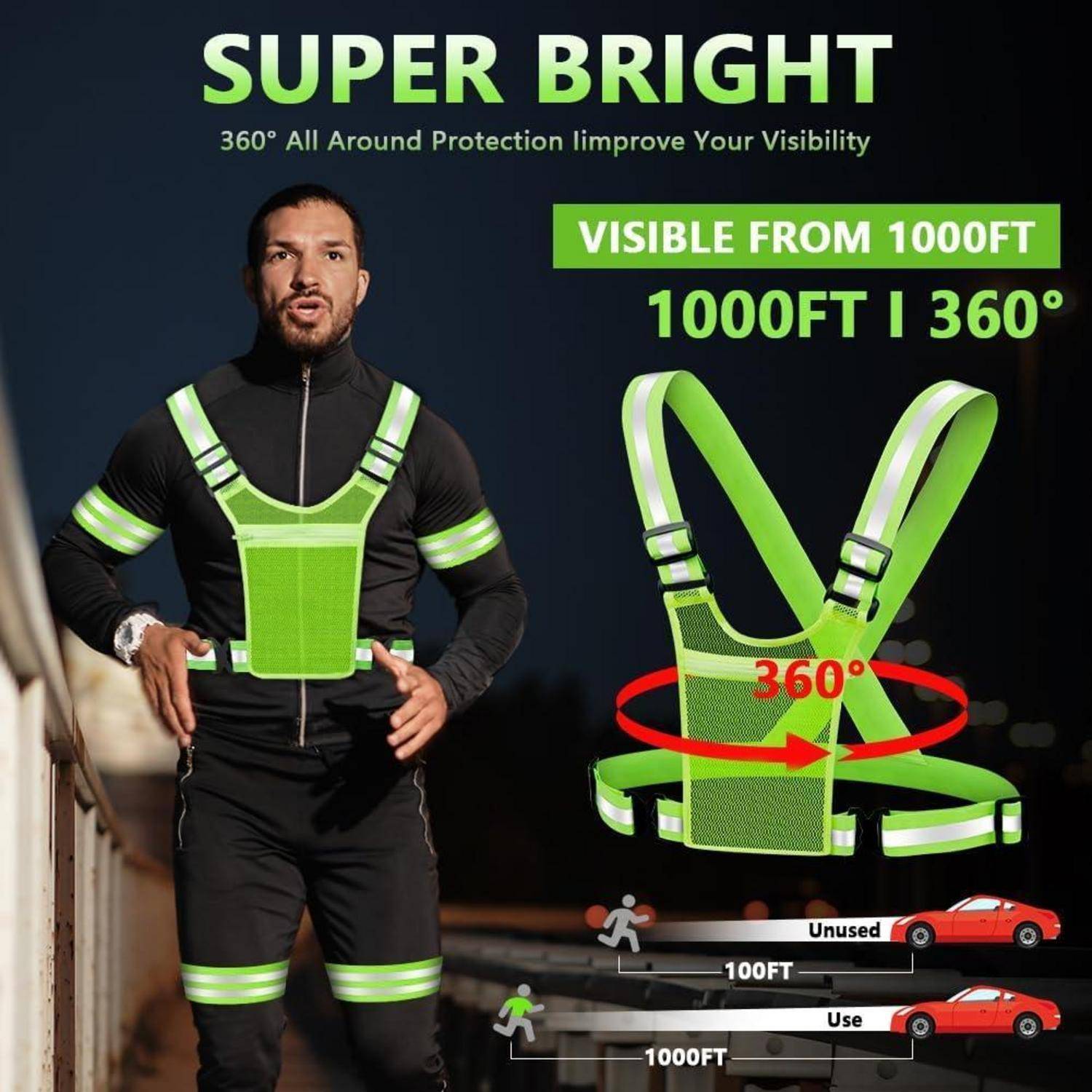 Anzeige, die einen Mann zeigt, der eine neongrüne reflektierende Sicherheitsweste und Riemen trägt, mit Text „SUPER BRIGHT