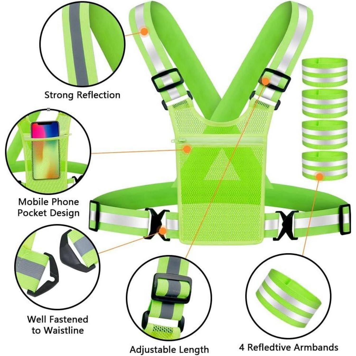 Neongrüne reflektierende Sicherheitswarnweste mit verstellbaren Riemen, Handytasche und passenden Armbändern, beschriftet mit Merkmalen wie starker Reflexion und sicherer Taillenpassform.
