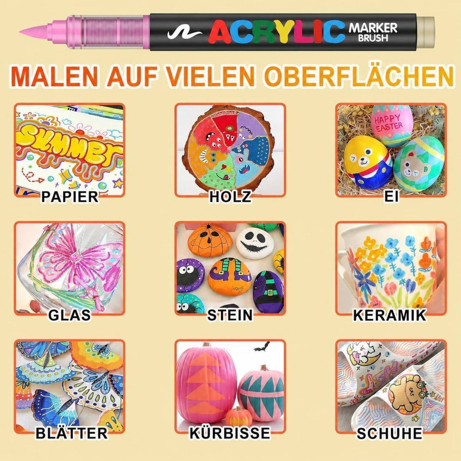 Plakat, das zeigt, dass ein Acrylmarker auf vielen Oberflächen malen kann, mit beschrifteten Beispielen: Papier, Holz, Eier, Glas, Stein, Keramik, Blätter, Kürbisse und Schuhe.
