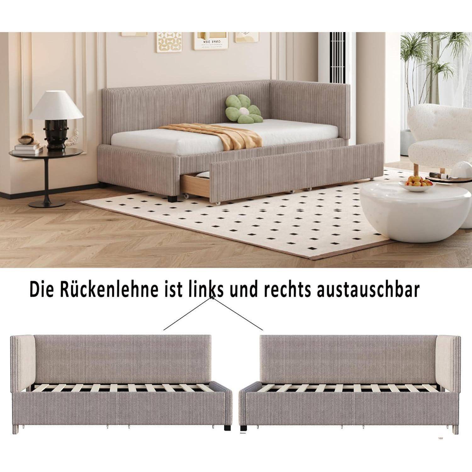 Graues Schlafsofa mit umkehrbarer linker und rechter Rückenlehne; Text sagt „Die Rückenlehne ist links und rechts austauschbar