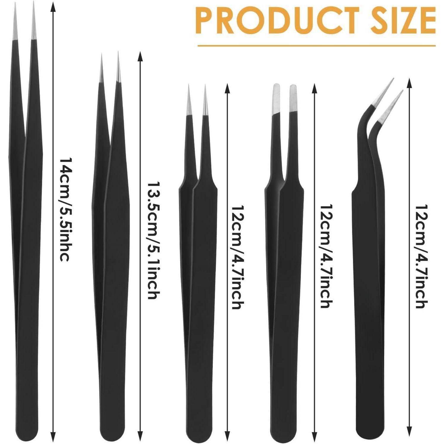 Größentabelle für Produkte mit fünf schwarzen Pinzetten/Greifwerkzeugen mit gekennzeichneten Längen von 14 cm, 13,5 cm und 12 cm.