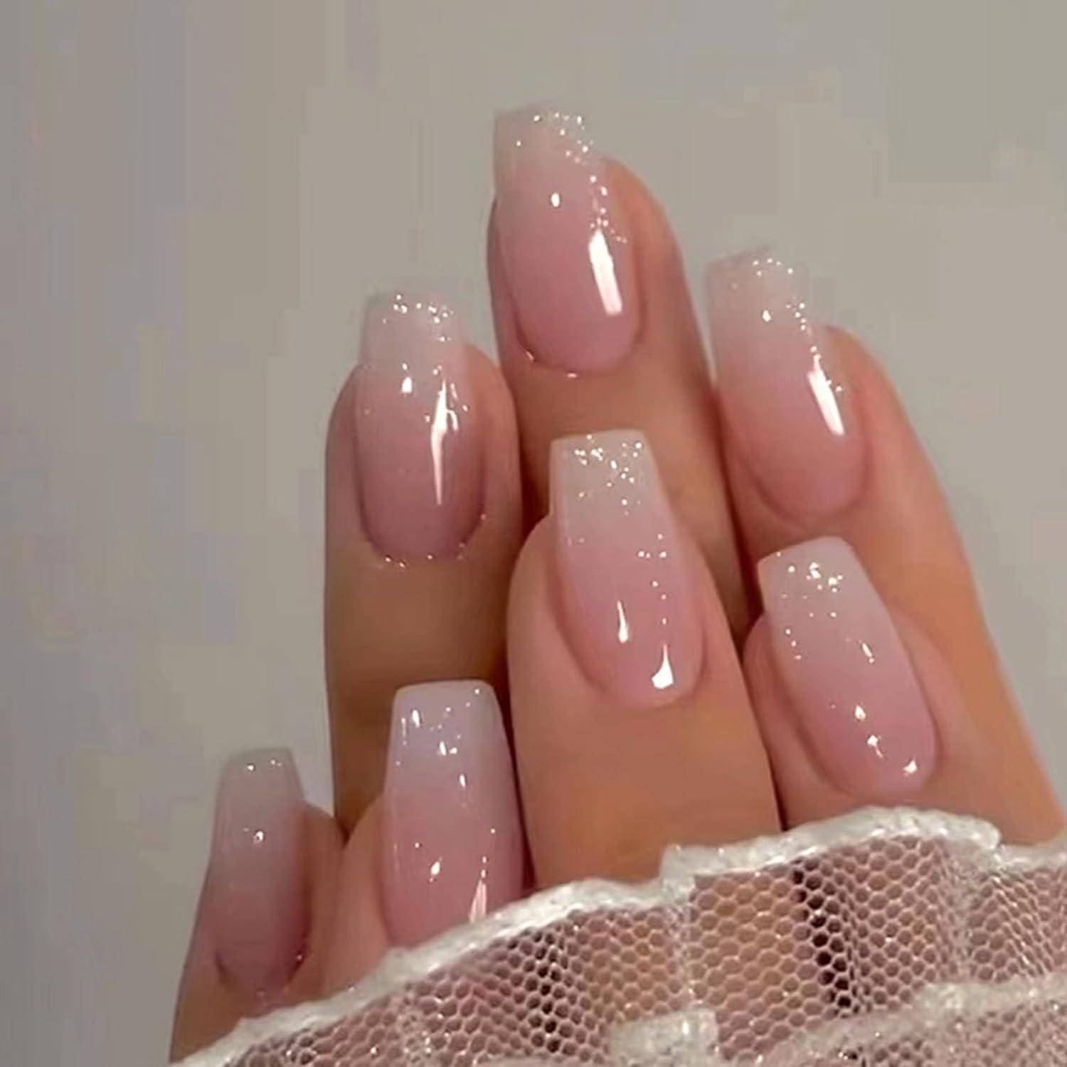 24 Stück Nägel zum Aufkleben Kurze Eckig French Press on Nails Rosa Ballerina Künstliche Fingernägel zum Aufkleben Acryl Full Cover Künstliche N