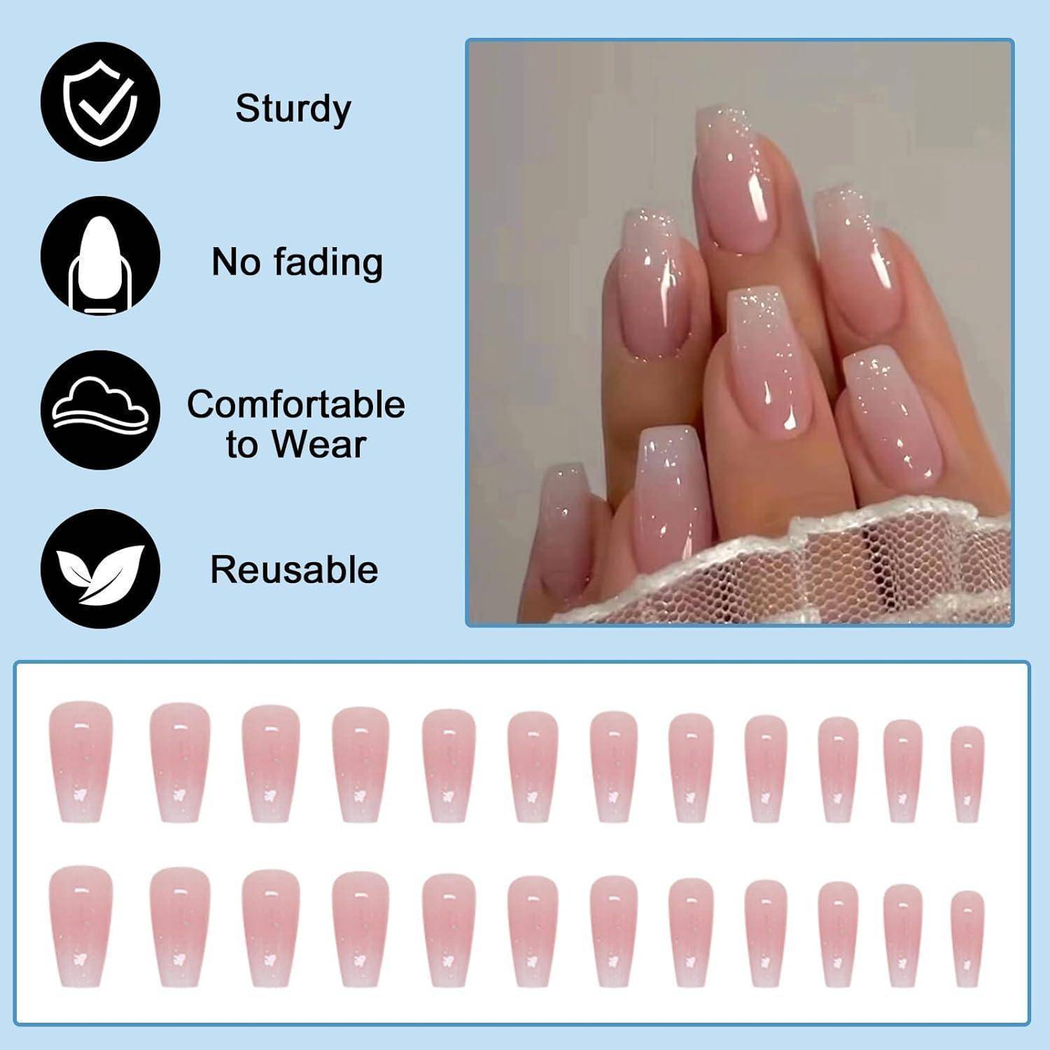 24 Stück Nägel zum Aufkleben Kurze Eckig French Press on Nails Rosa Ballerina Künstliche Fingernägel zum Aufkleben Acryl Full Cover Künstliche N