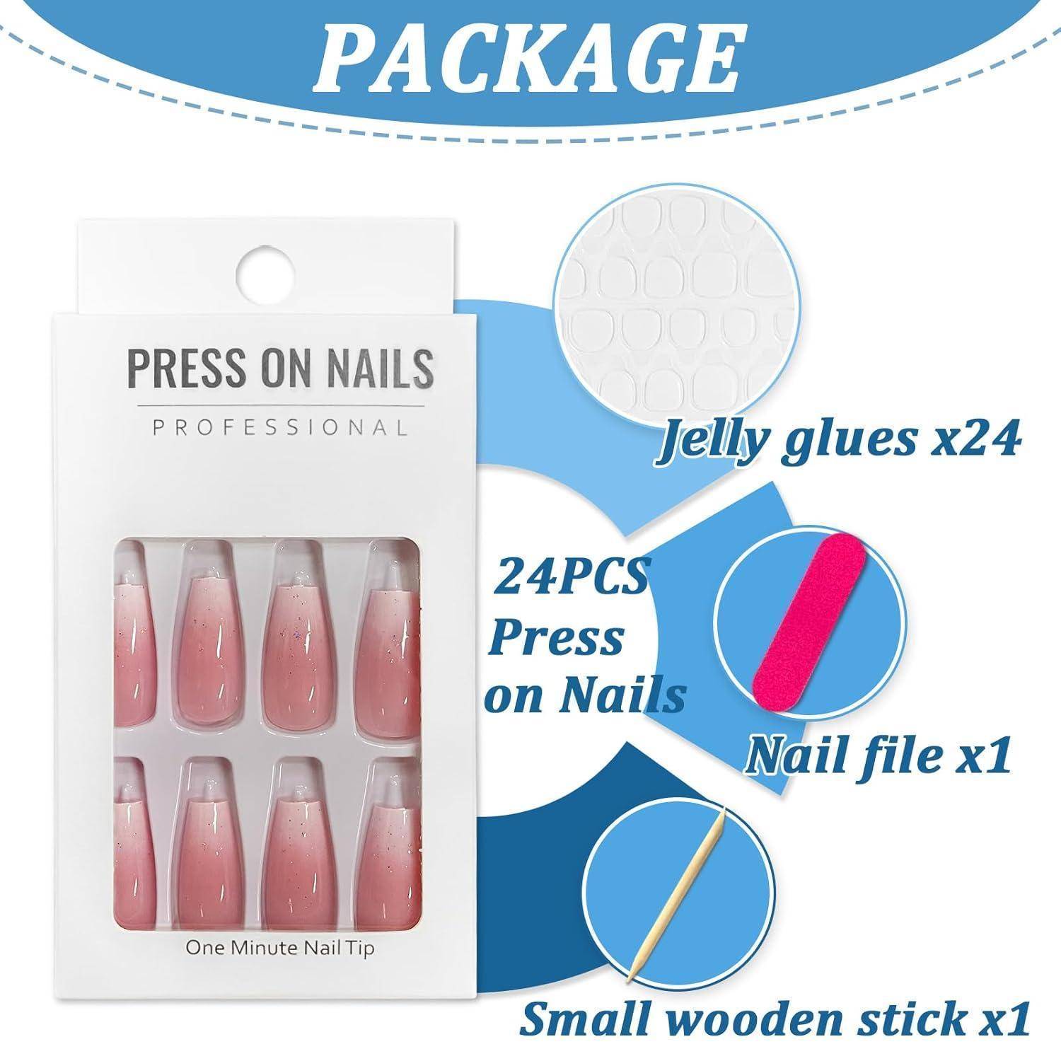 24 Stück Nägel zum Aufkleben Kurze Eckig French Press on Nails Rosa Ballerina Künstliche Fingernägel zum Aufkleben Acryl Full Cover Künstliche N