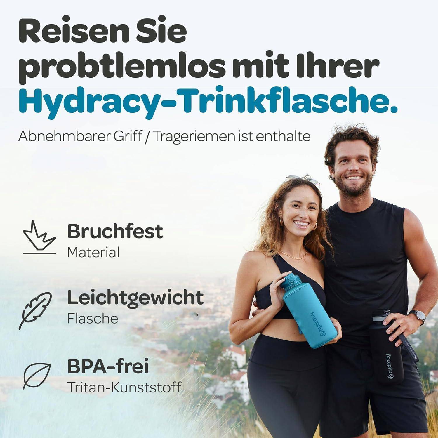Hydracy Trinkflasche mit Strohhalm und Zeitmarkierung - 2L Wasserflasche - BPA-freie Trinkflasche - Auslaufsichere Sportflasche - Kondensationsfrei