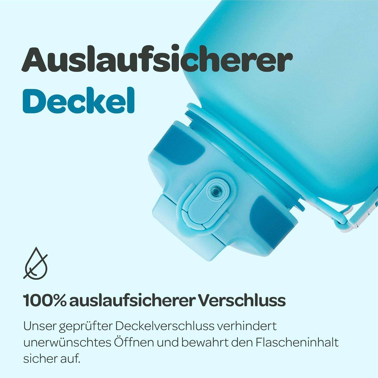Blauer Flaschendeckel mit Text „Auslaufsicherer Deckel