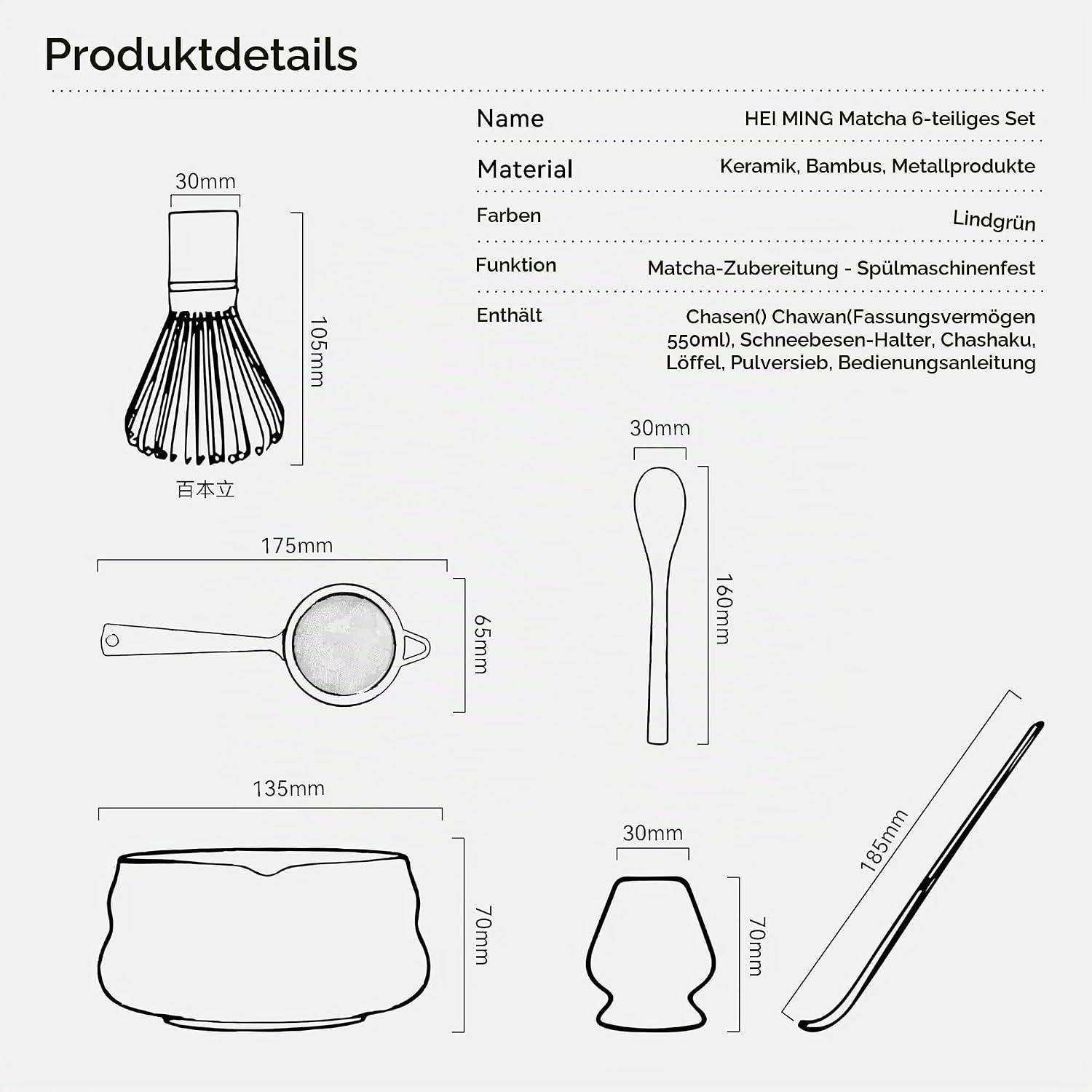 Produktdetails für das 'HEI MING Matcha 6-teiliges Set': Besen, Schale, Löffel, Chashaku, Halter und Sieb, mit aufgelisteten Abmessungen und Materialien.