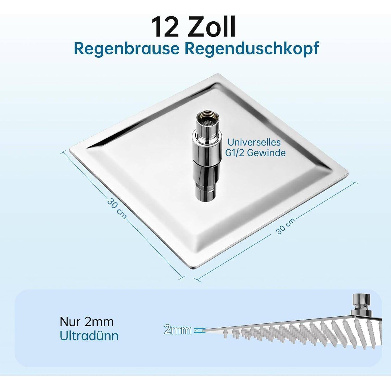 Produktbild eines 30 cm breiten quadratischen Regenduschkopfs mit 12 Zoll Größe, universaler G1/2-Gewinde und ultradünnem 2 mm Profil.