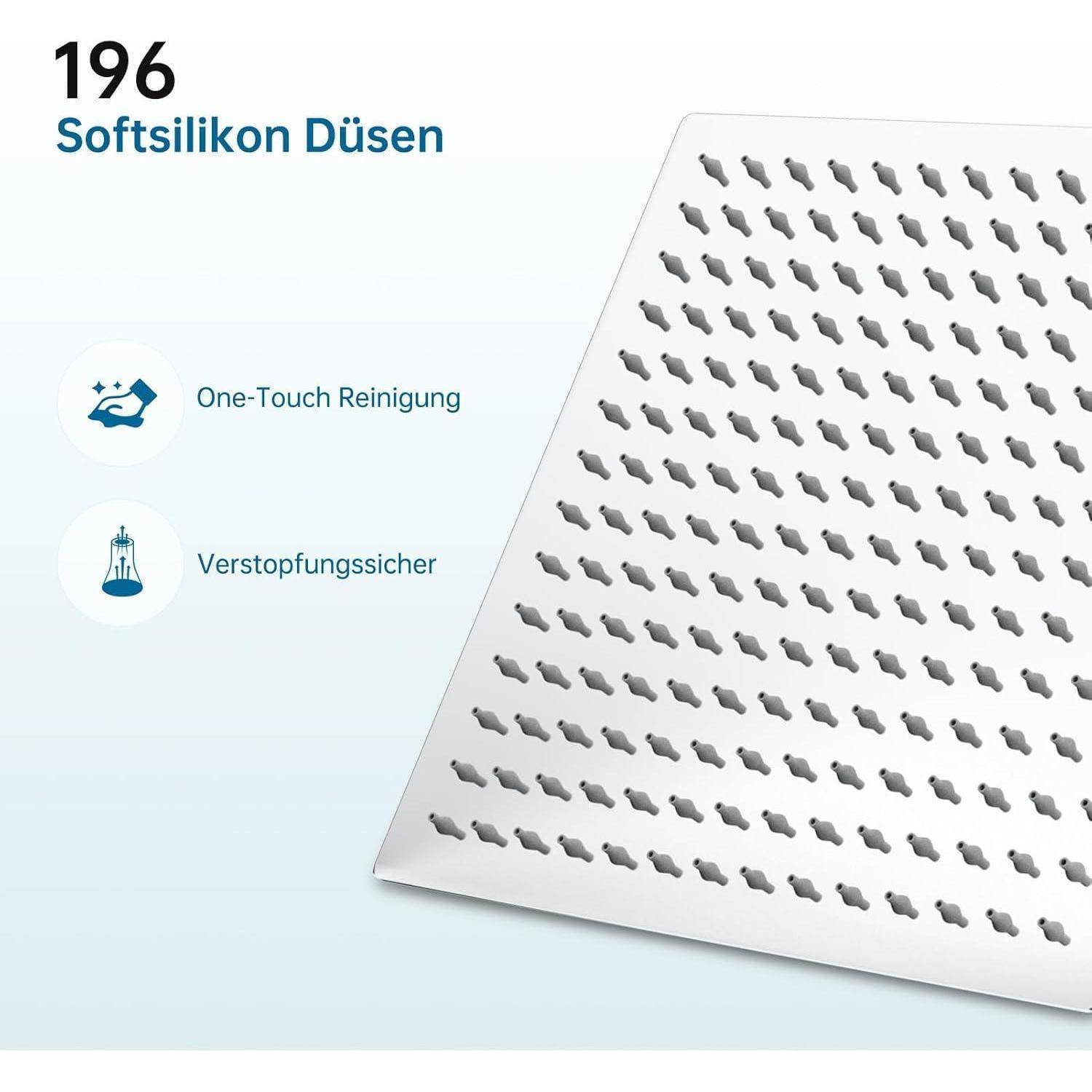 Produktgrafik eines Duschkopfs mit „196 Softsilikon Düsen