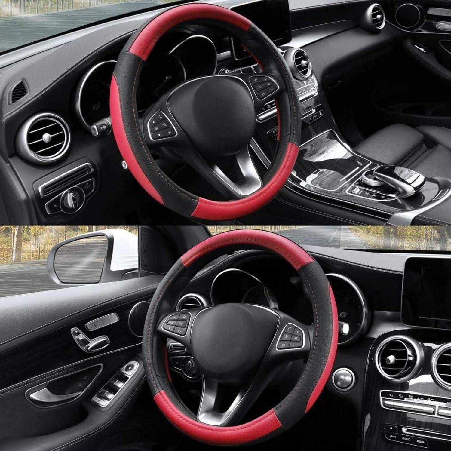 Collage eines Autoinnenraums mit einer rot-schwarzen Lenkradbezug, die auf dem Lenkrad angebracht ist, mit sichtbarem Armaturenbrett, Mittelkonsole und Türsteuerungen.