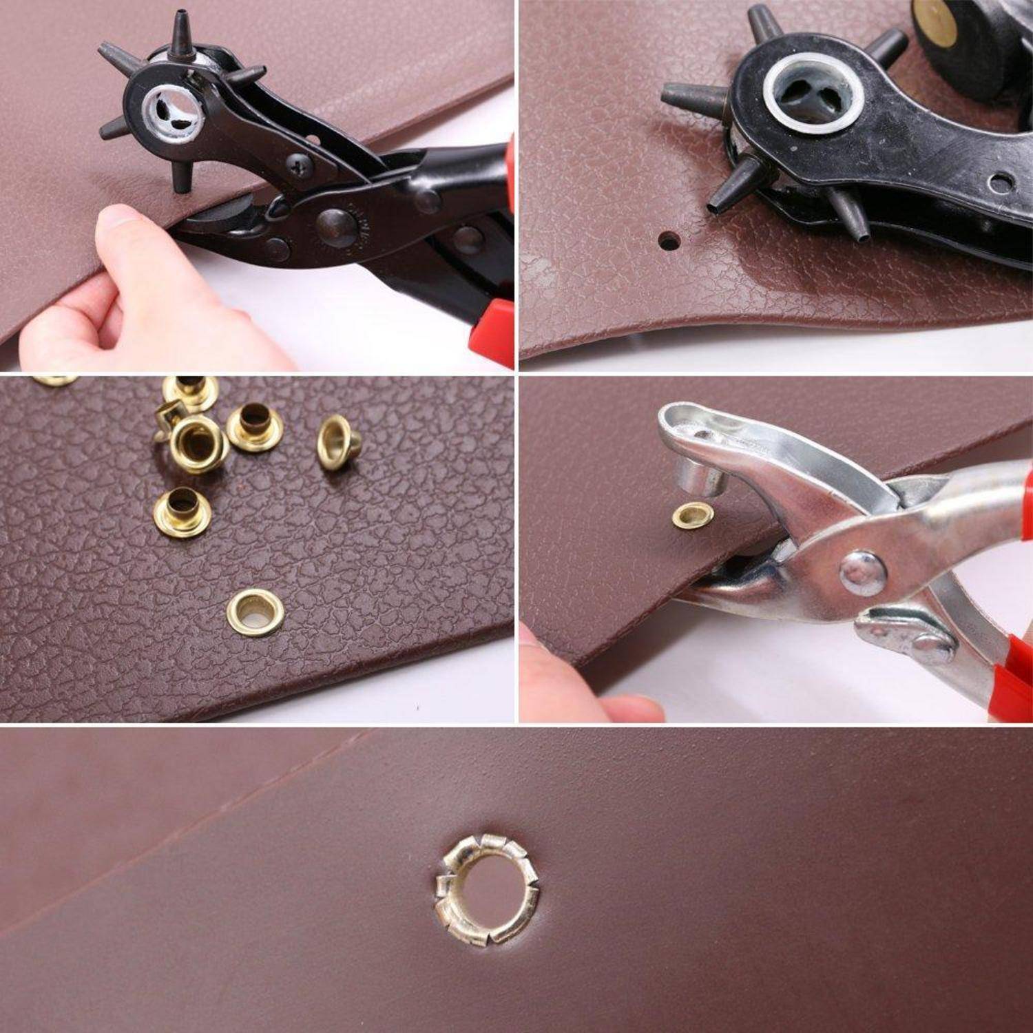 Collage zeigt eine Hand, die ein Ösenlocheisen-Werkzeug verwendet, um Metallösen in ein braunes lederähnliches Material einzusetzen, mit einem sichtbaren fertigen Loch.
