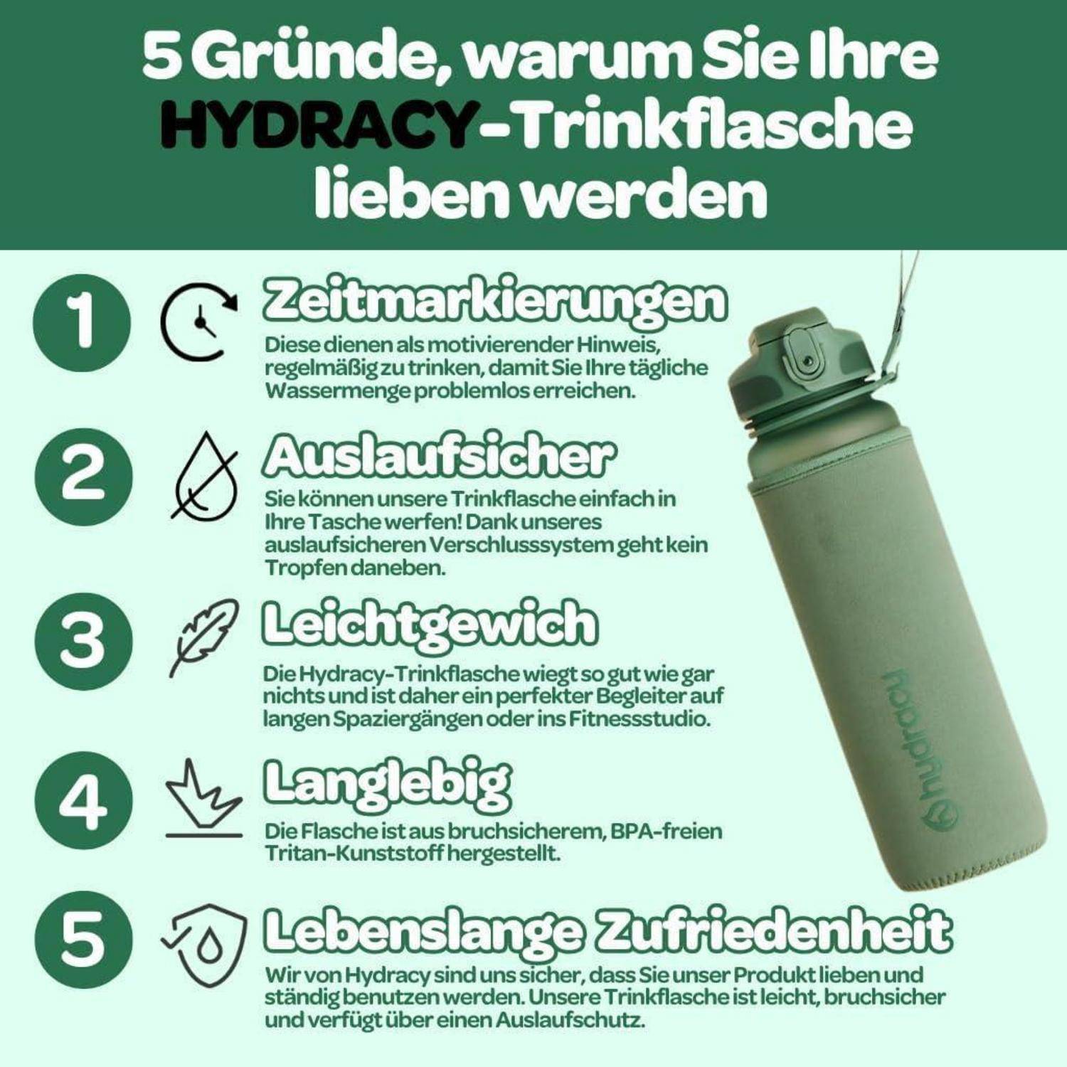Hydracy Trinkflasche mit Fruchteinsatz - 500ml Wasserflasche - BPA-freie Trinkflasche mit Zeitmarkierung Auslaufsichere Sportflasche
