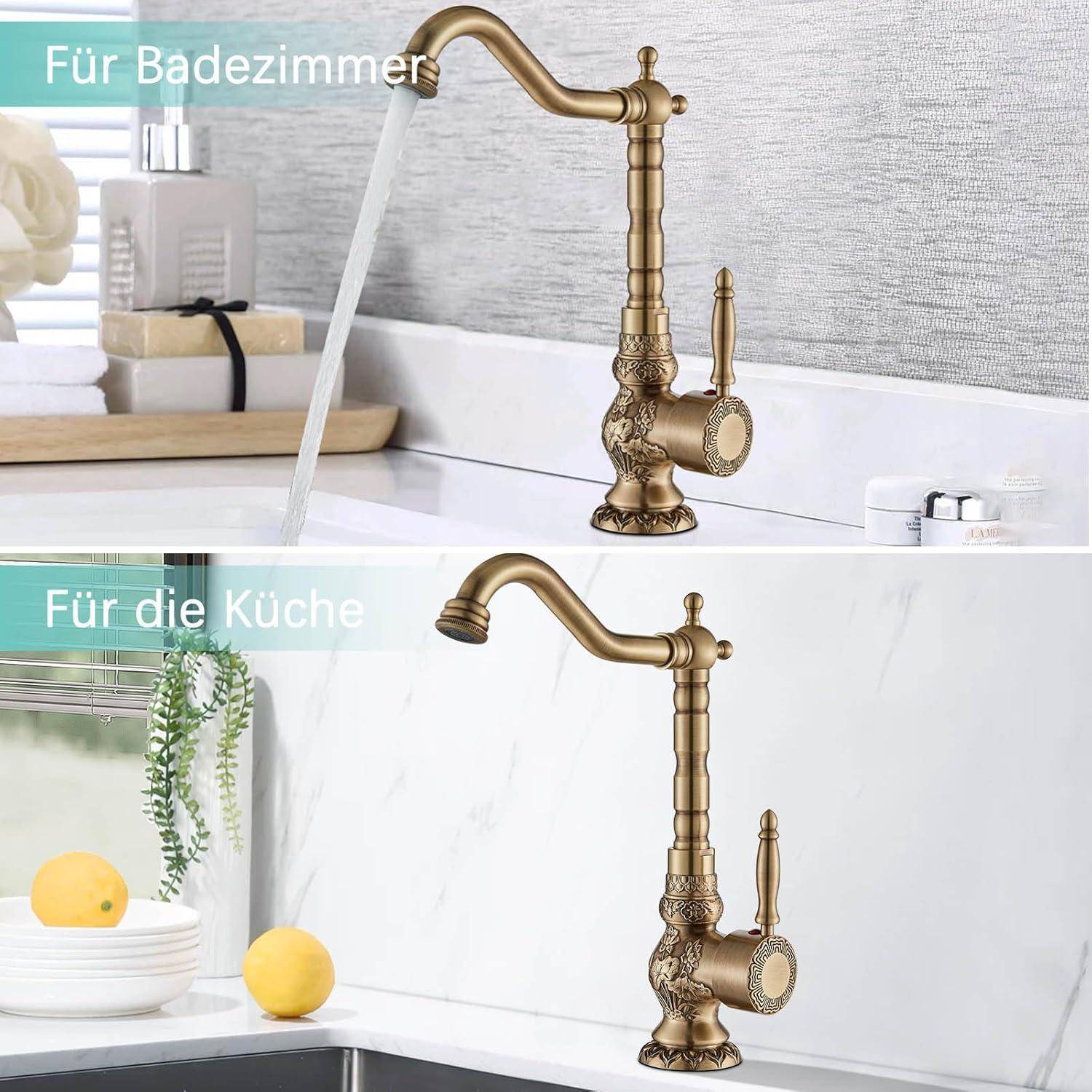 Geteiltes Bild mit einem Vergleich eines ornamentalen Messinghahns in zwei Einstellungen, beschriftet mit „Für Badezimmer