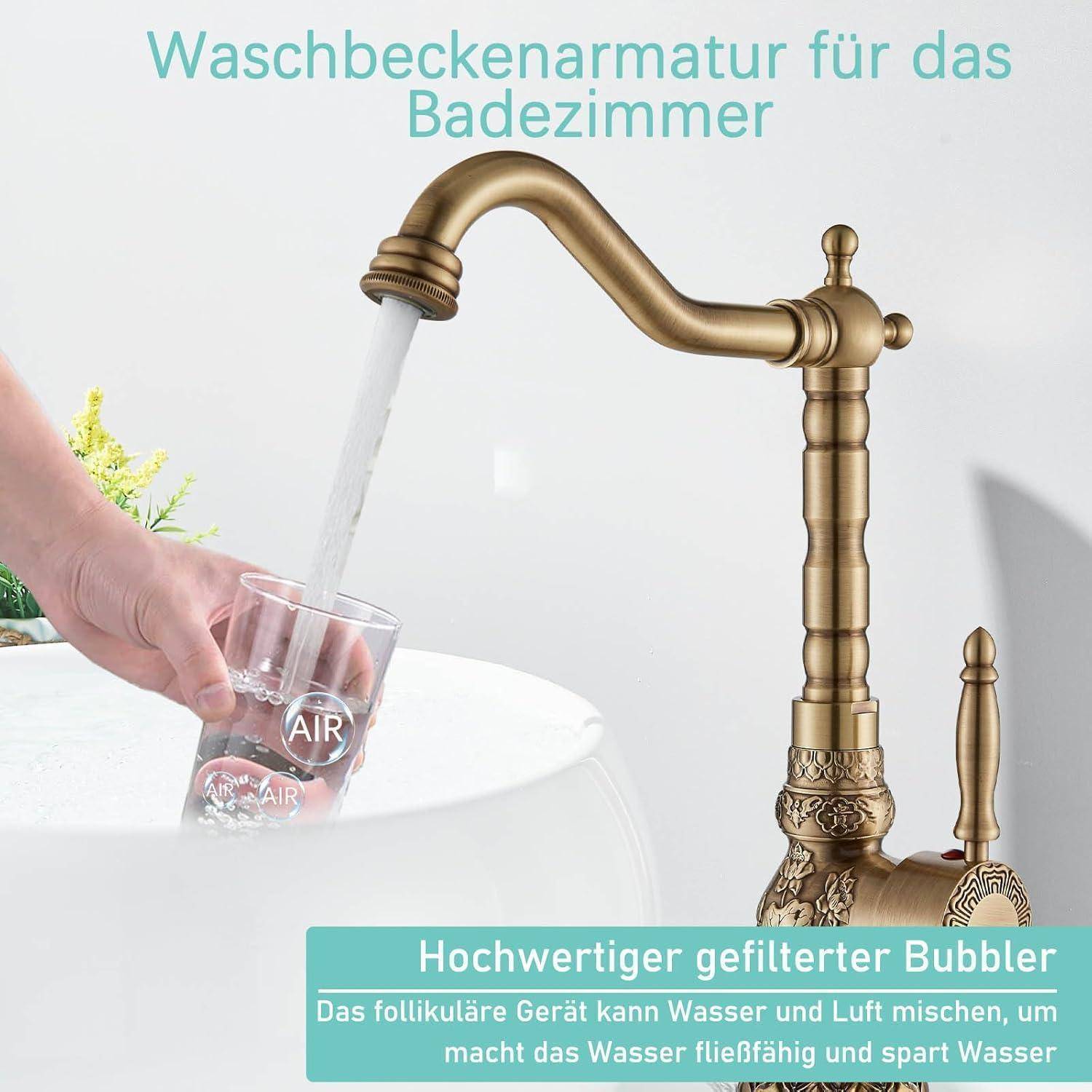 Messingbadezimmerhahn mit gefiltertem Sprudler, der Wasser in ein Glas neben einem Waschbecken gießt; deutscher Text bewirbt einen hochwertigen Sprudler, der Wasser und Luft mischt und Wasser spart.