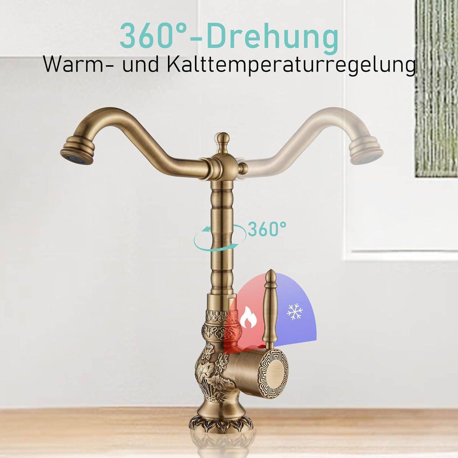 Eleganter Messinghahn mit 360°-Drehung und Warm- und Kaltwassertemperaturregelung, mit deutschem Text „360°-Drehung Warm- und Kaltetemperaturregelung