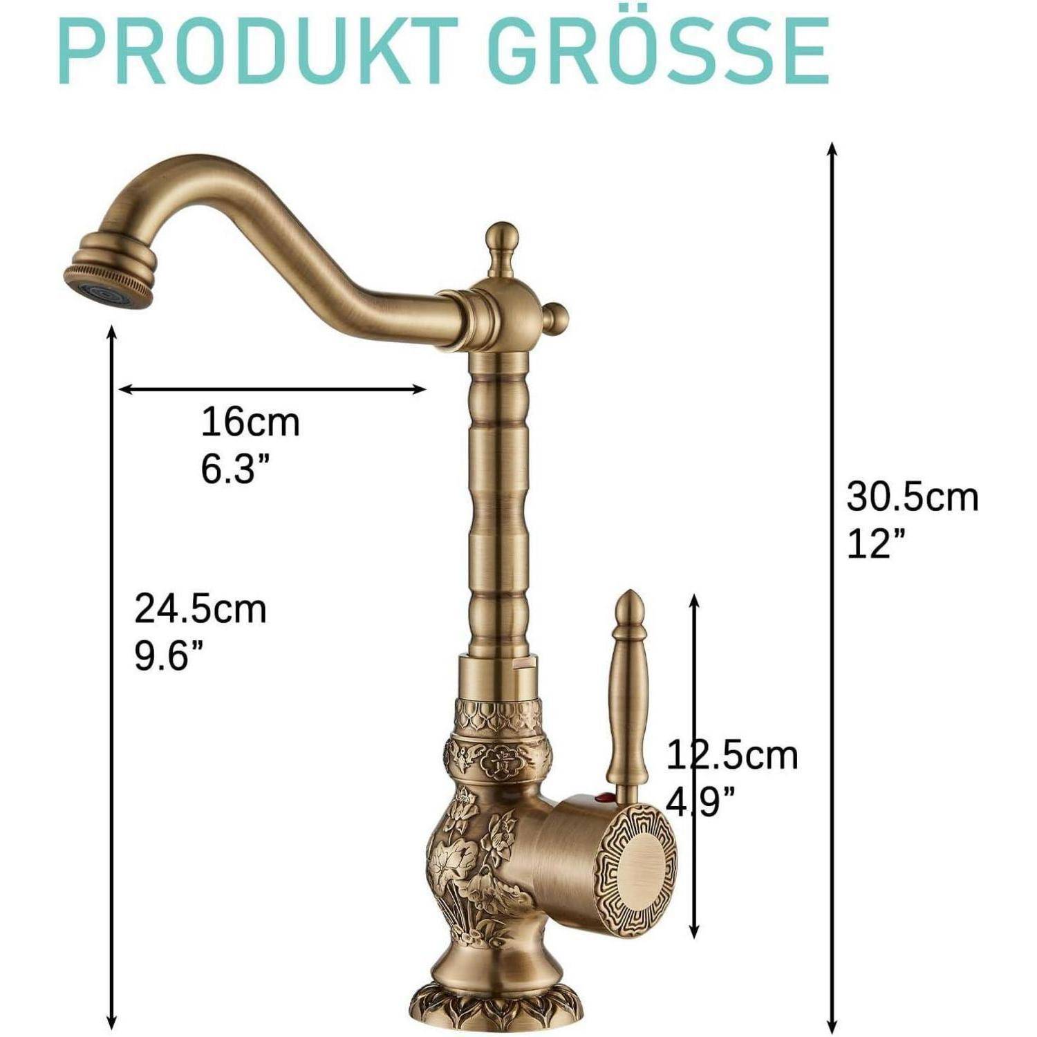 Abmessungen eines ornamentalen Bronzewasserhahns mit der Bezeichnung „PRODUKT GRÖSSE