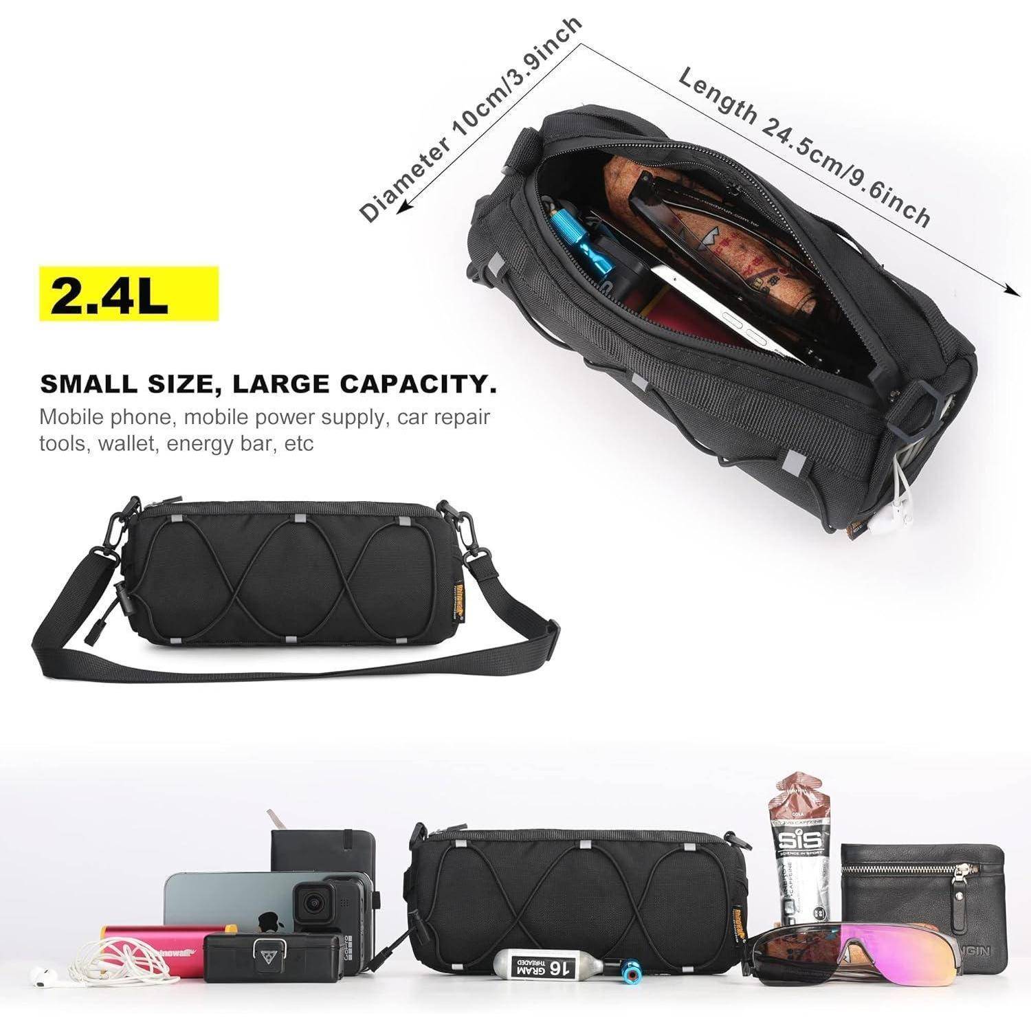 Schwarze 2,4L Sling Bag mit Abmessungen von 24,5 cm Länge und 10 cm Durchmesser, die kompakte Aufbewahrung für Telefon, Werkzeuge, Geldbörse und andere Essentials veranschaulicht.
