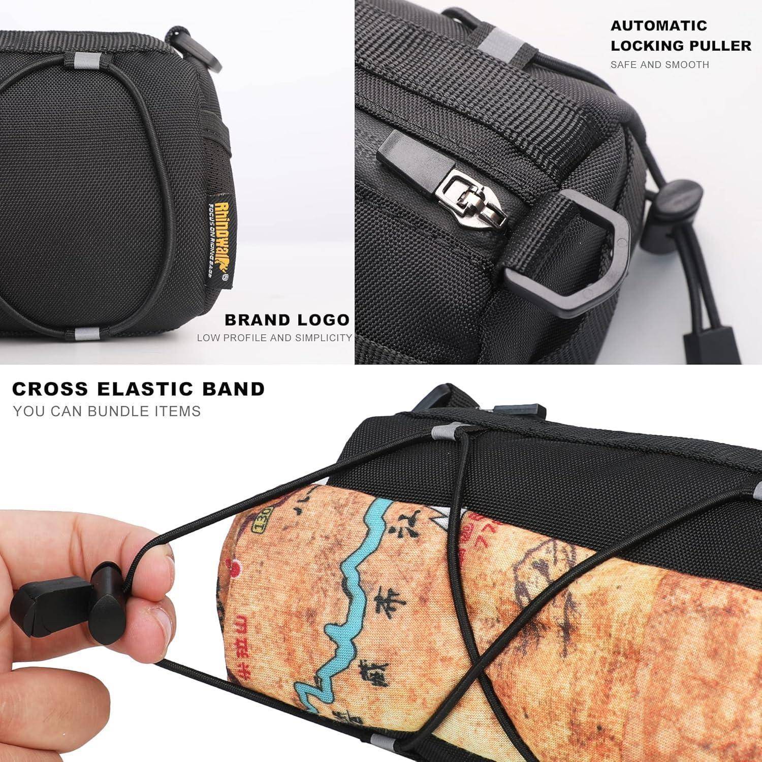 Collage einer schwarzen Tasche oder eines Beutels mit hervorgehobener Markenlogo, automatischem Reißverschluss-Schieber mit Verriegelung und elastischem Kreuzband zum Bündeln von Gegenständen.