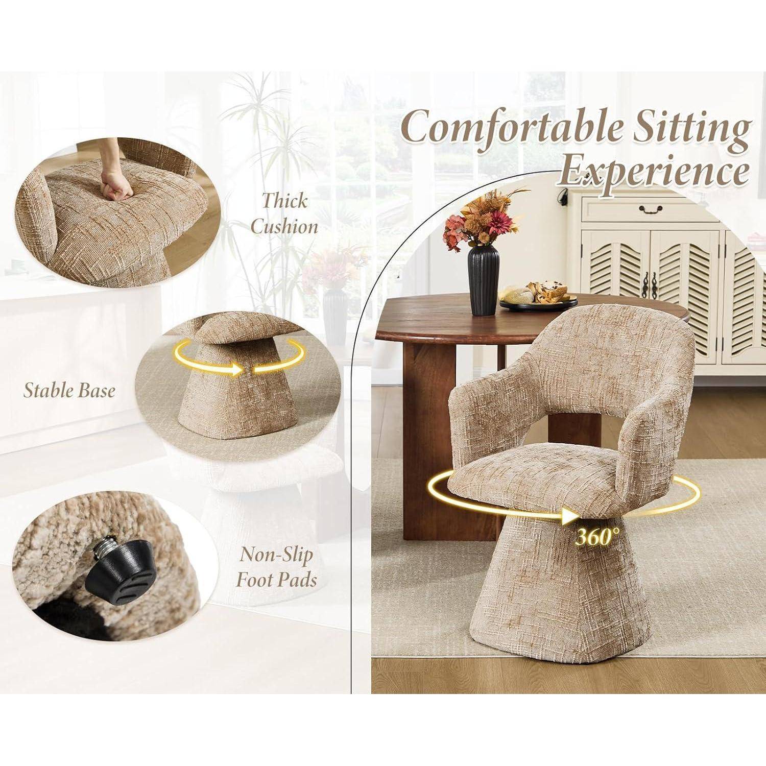Ya-Home Esszimmersthl drehbar gepolsterter Küchenstuhl mit Armlehnen Drehstuhl Esszimmer Polsterstuhl mit Ausschnitt-Lehne, 1 Stück, Chenille, Beige