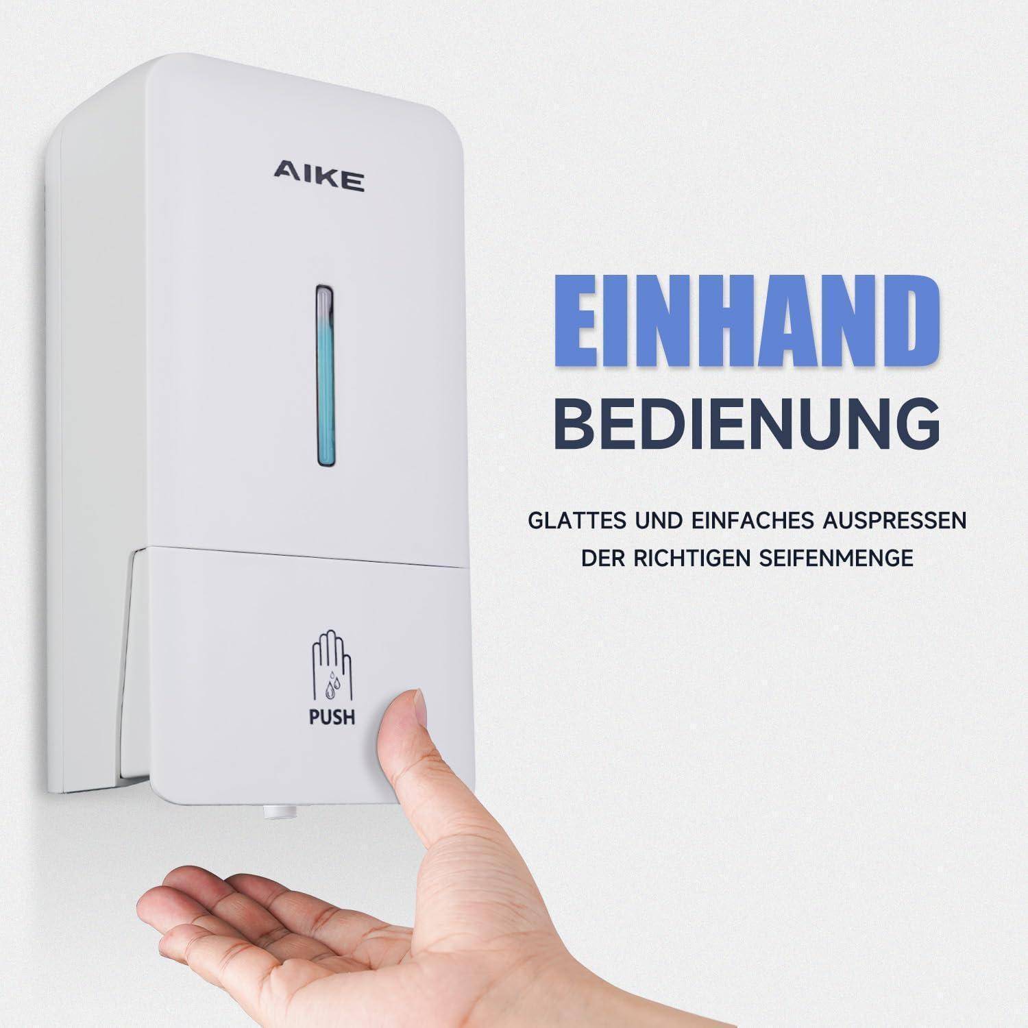 Wandmontierter AIKE-Seifenspender wird mit einer Hand gedrückt; deutscher Text sagt „EINHAND BEDIENUNG" und „glatte, einfache Dosierung der richtigen Seifenmenge"".
