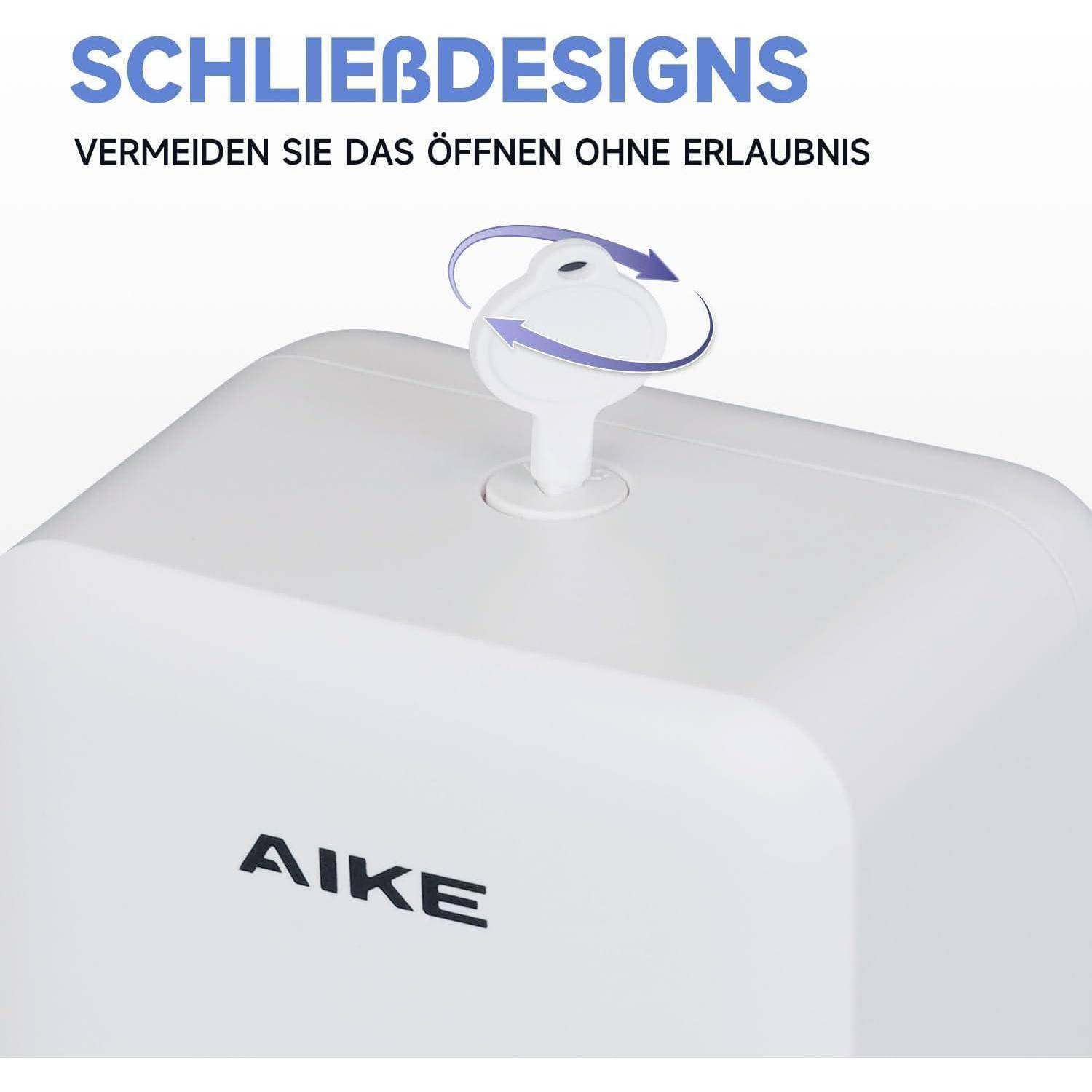 Weiße Aike-Behälter mit kindersicherer Verschlussvorrichtung, dargestellt mit Pfeilen und deutschem Text „Schließdesigns" und „Vermeiden Sie das Öffnen ohne Erlaubnis"", die die Verhinderung des Öffnens durch Drehen anzeigen.