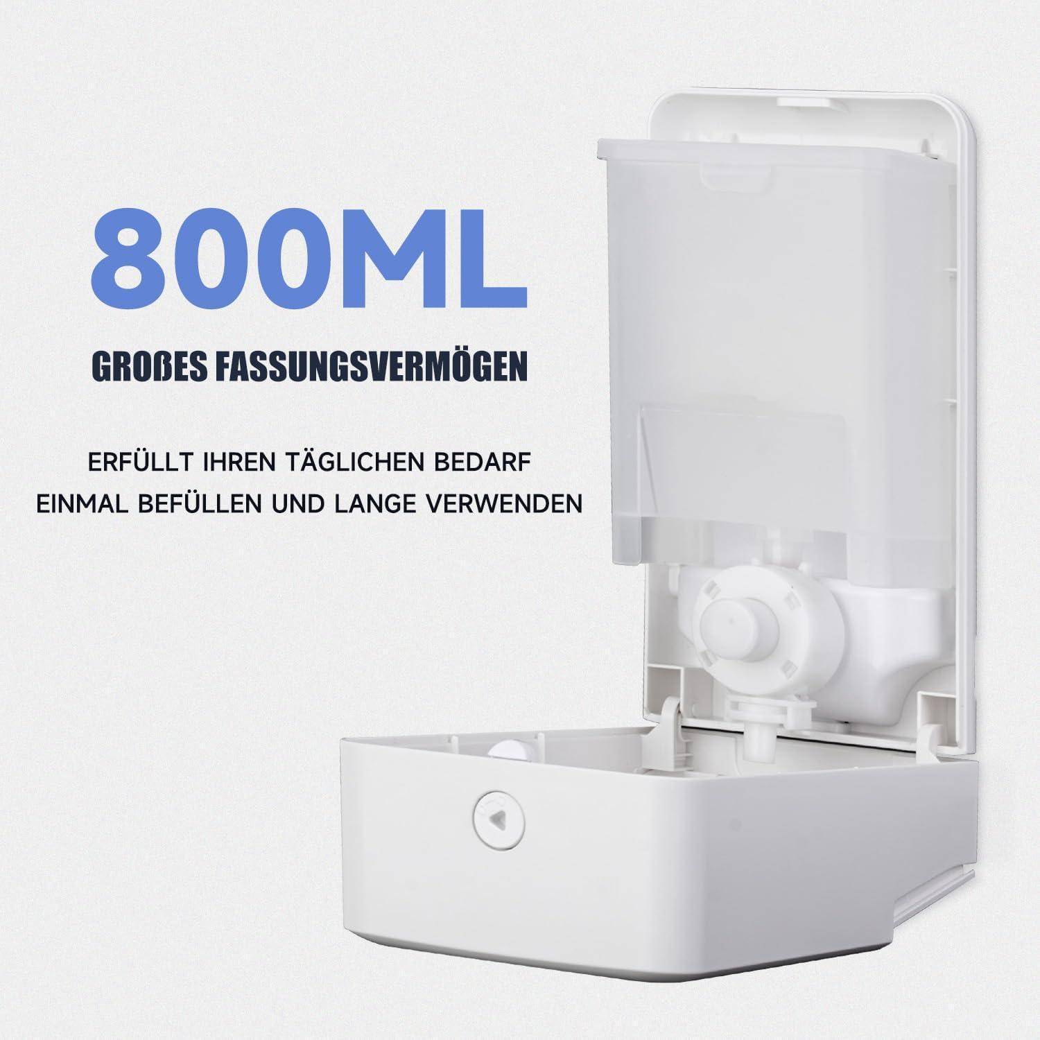 Wandmontierter weißer Spender mit offener Frontkompartment, beschriftet mit „800ML" und deutschem Text, der große Kapazität, erfüllt tägliche Anforderungen, einmal nachfüllen und lange Verwendung anzeigt.