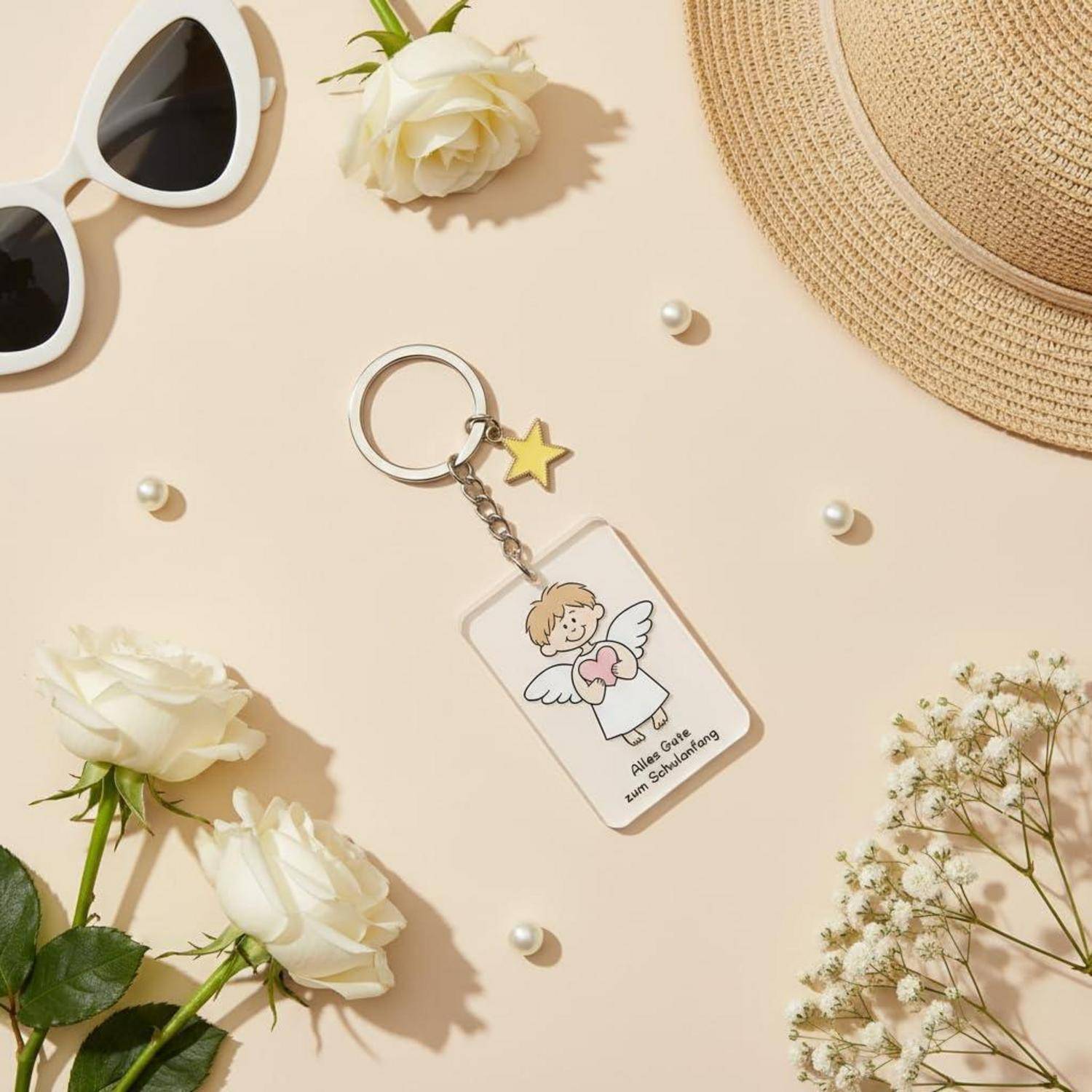 Schlüsselanhänger mit einem Cartoon-Engel-Tag mit der Aufschrift „Kleines Mädchen aus dem Sonnenschein