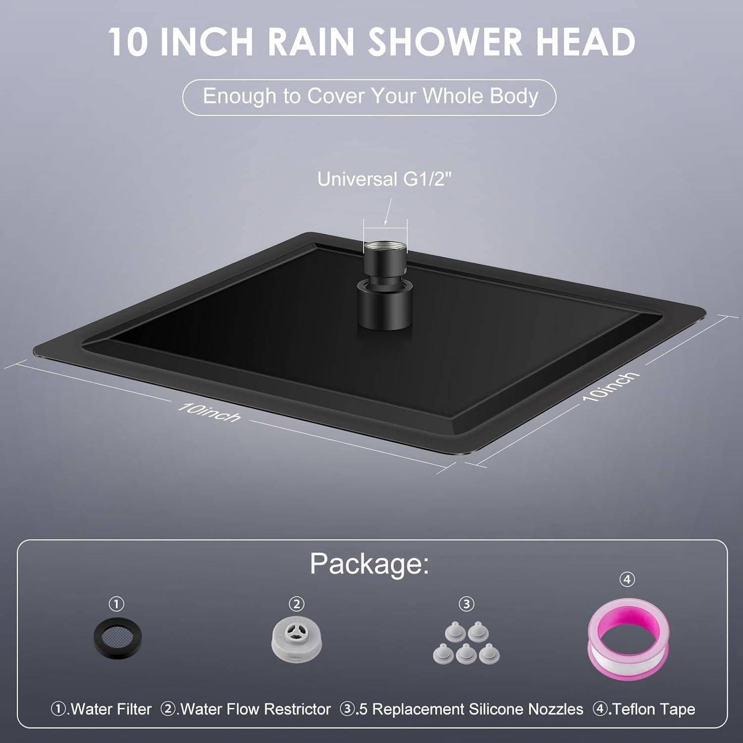 25CM Duschkopf Regendusche Schwarz Groß, 304 Edelstahl Quadrat Duschkopf Wassersparend, Mit 121 Anti Kalk Düsen, 360° Wasserfall 10 Zoll Decken Reg