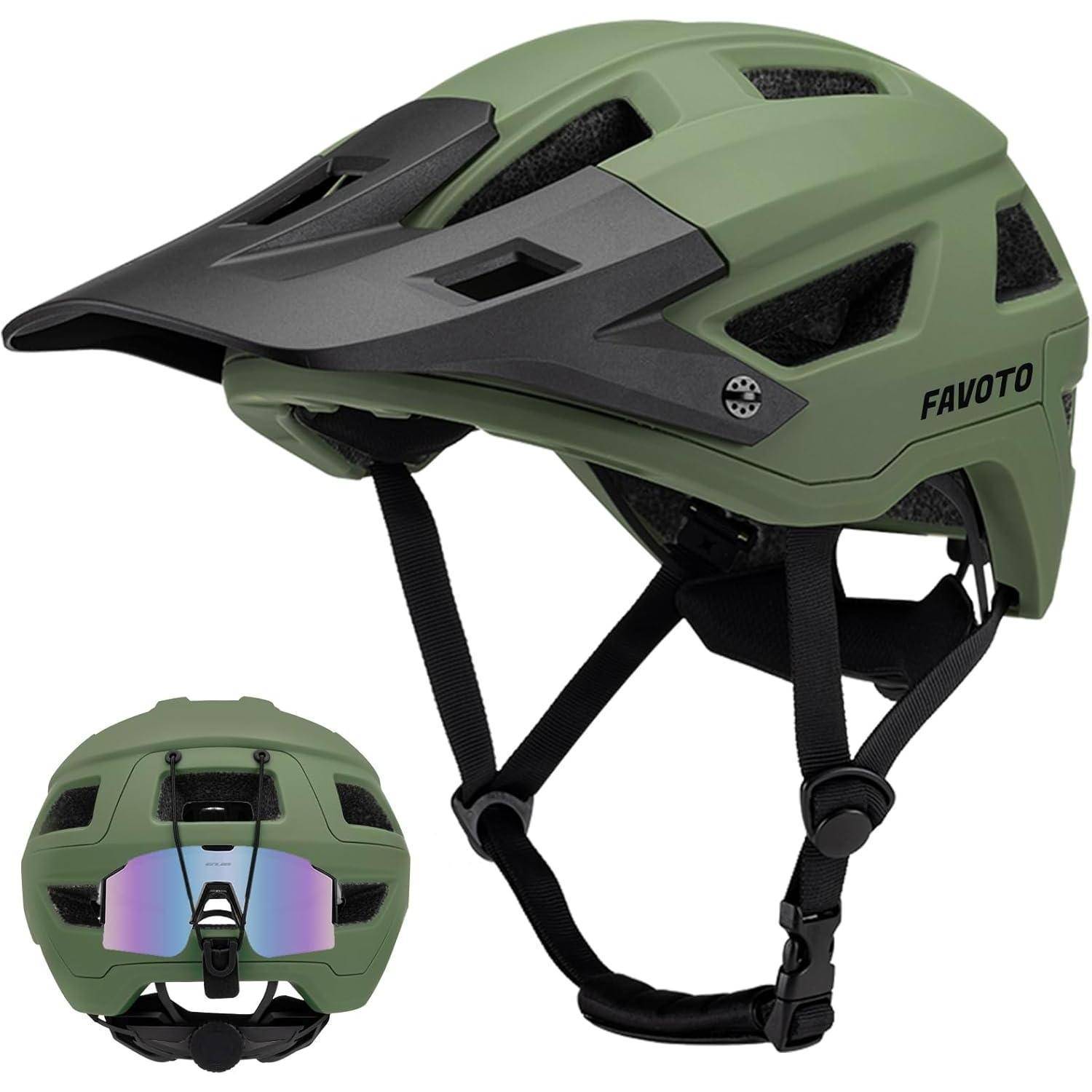 Olivgrüner FAVOTO-Mountainbike-Helm mit schwarzem Visier, verstellbaren Kinnriemen und Rückansicht mit Belüftungslöchern und Retention-System.